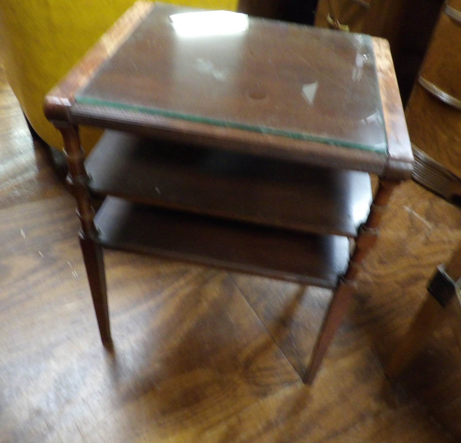 3 Tiered Side Table: Antique Mahogany 3 Tiered Side Table. All measurements approximate. Please see photos for condition and details. Selling as is from 04281.