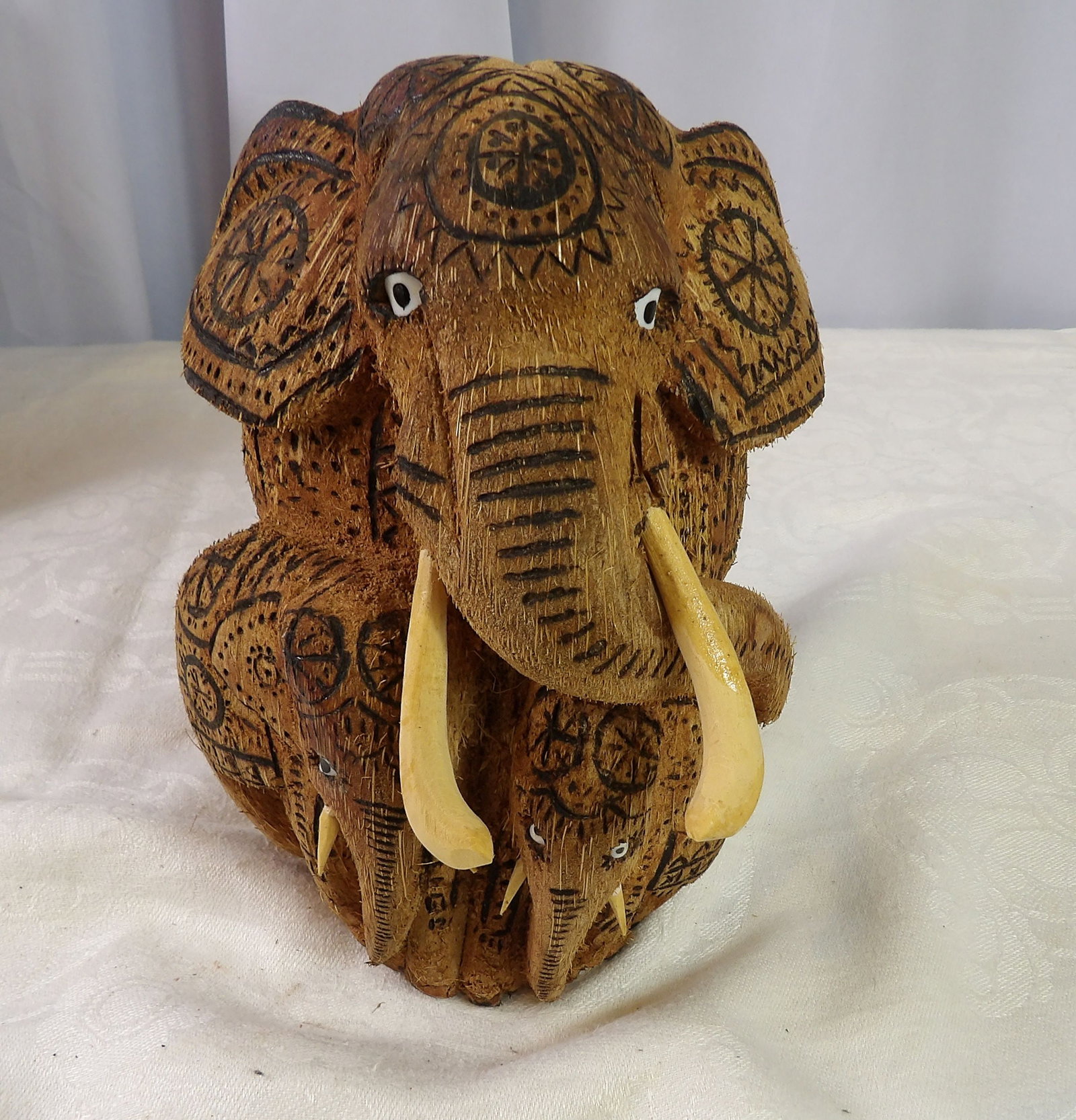 Hand Carved Coconut Elephant Family: Sri Lankan Hand Carved Coconut Shell Elephant Family. All measurements approximate. Please see photos for condition and details. Selling as is from 04281.