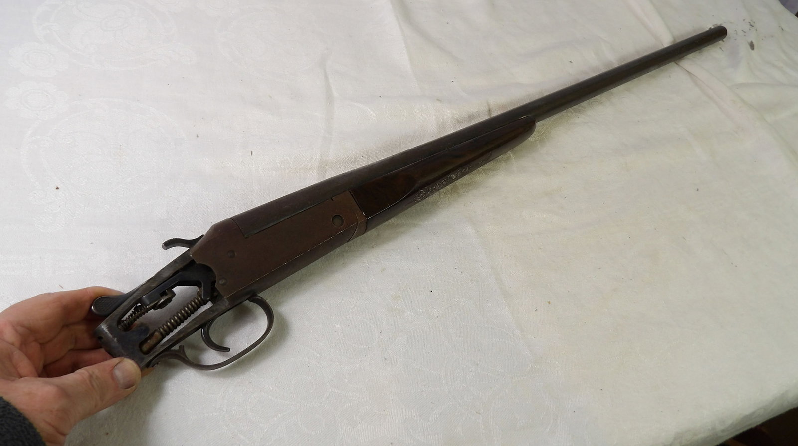 J. Stevens Arm Co Springfield 12 Gauge Barrel and Trigger Mechanism: J. Stevens Arm Co. Springfield, 12 Gauge Barrel and Trigger Mechanism Only. All measurements approximate. Please see photos for condition and details. Selling as is from 04281.