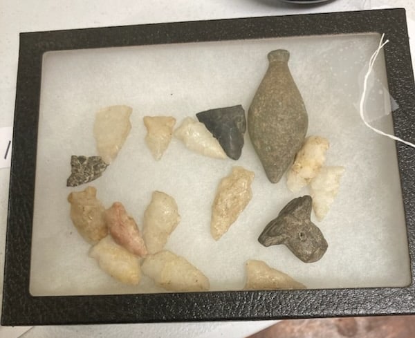 Framed Display of Native American Artifacts: Framed Display of Assorted Native American Arrowheads and Artifacts. All measurements approximate. Please see photos for condition and details. Selling as is from 04281.