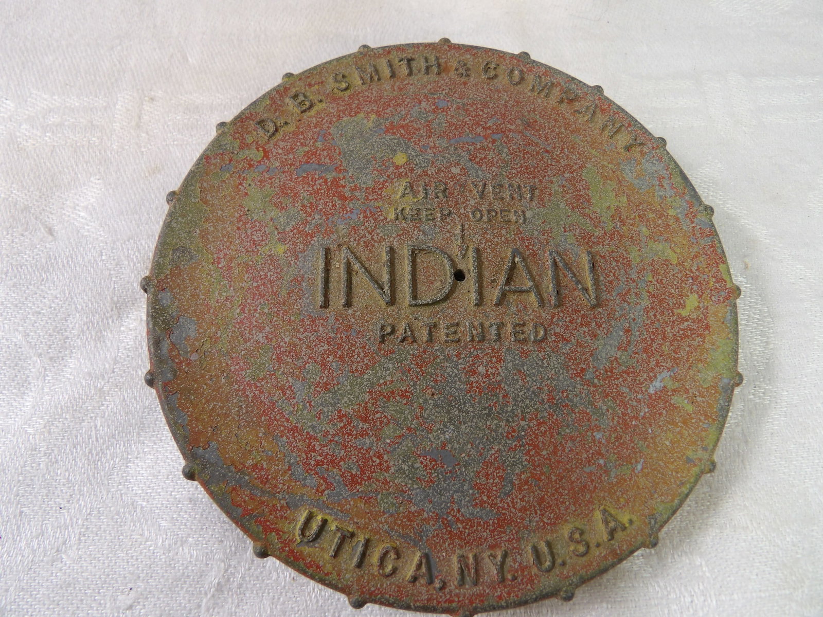 Vintage Fire Pump Tank Cap: Vintage Indian Fire Pump Tank Cap. All measurements approximate. Please see photos for condition and details. Selling as is from 04281.