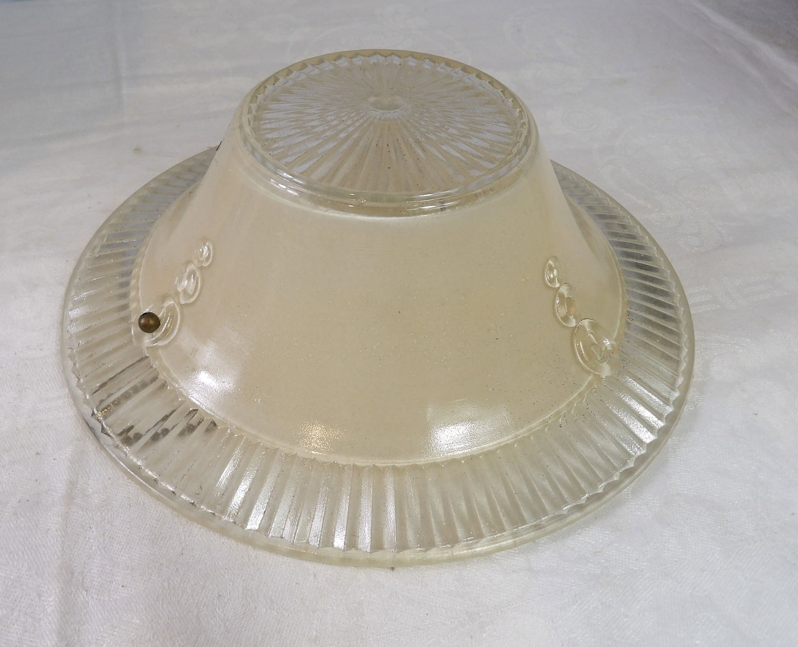 Flush Mount Ceiling Light: Vintage Glass Flush Mount Ceiling Light, Cover is 12" Diameter. All measurements approximate. Please see photos for condition and details. Selling as is from 04281.