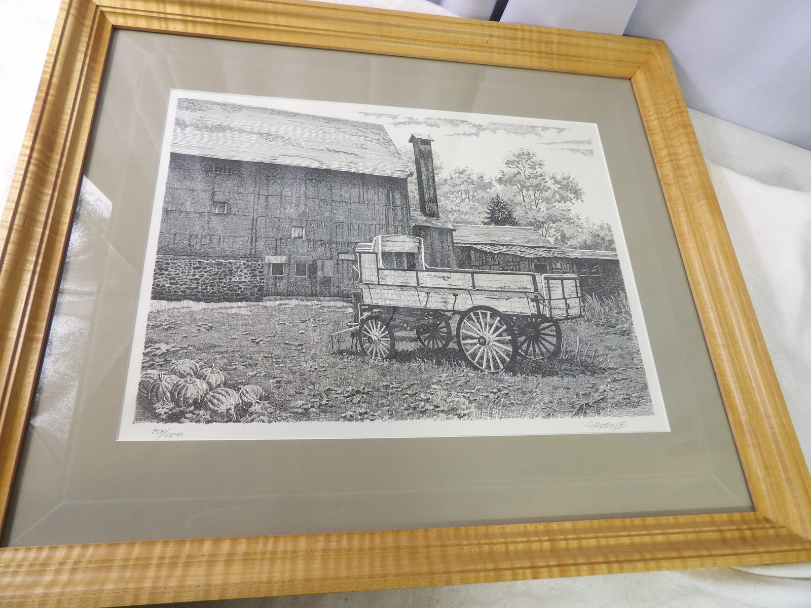 Print of Jesup Agricultural Wagon: Limited Edition Print of a Jesup Agricultural Wagon, Signed Correale. Amazing Hardwood Frame with Thick Beveled Glass, 19" X 22". All measurements approximate. Please see photos for condition and