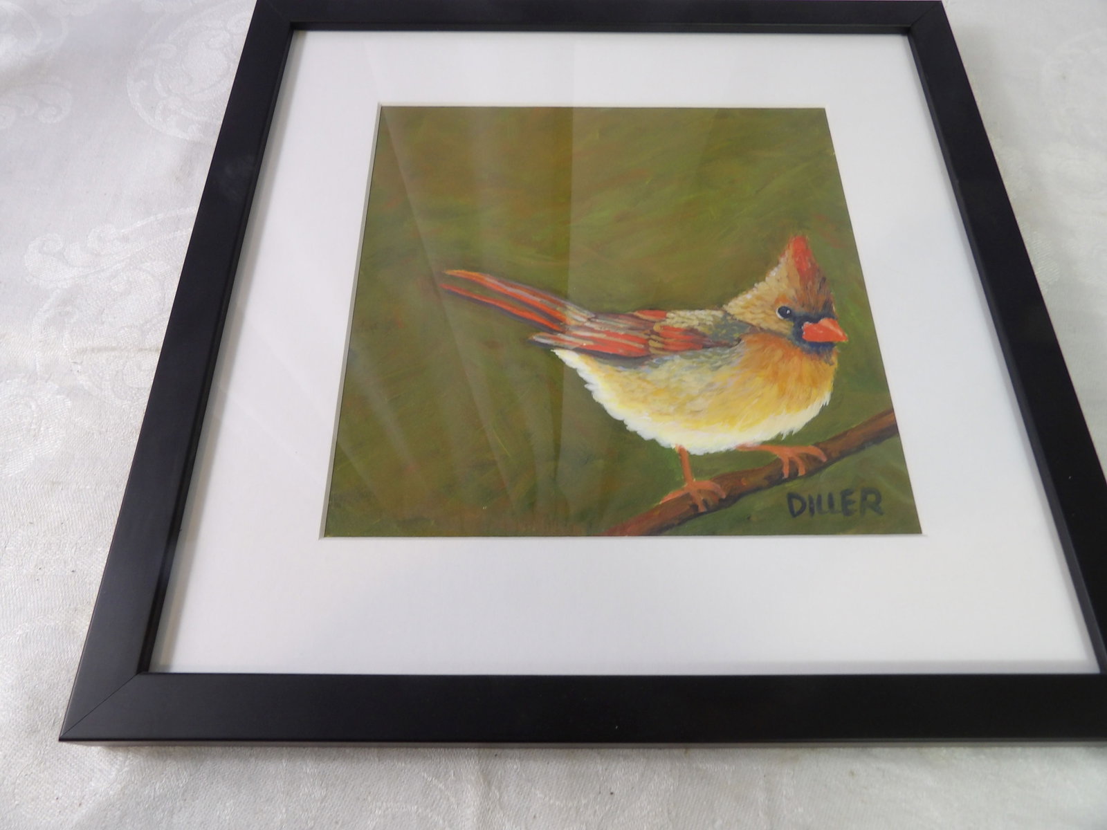 Framed Painting of a Cardinal: Framed Painting of a Female Cardinal by Diller. All measurements approximate. Please see photos for condition and details. Selling as is from 04281.