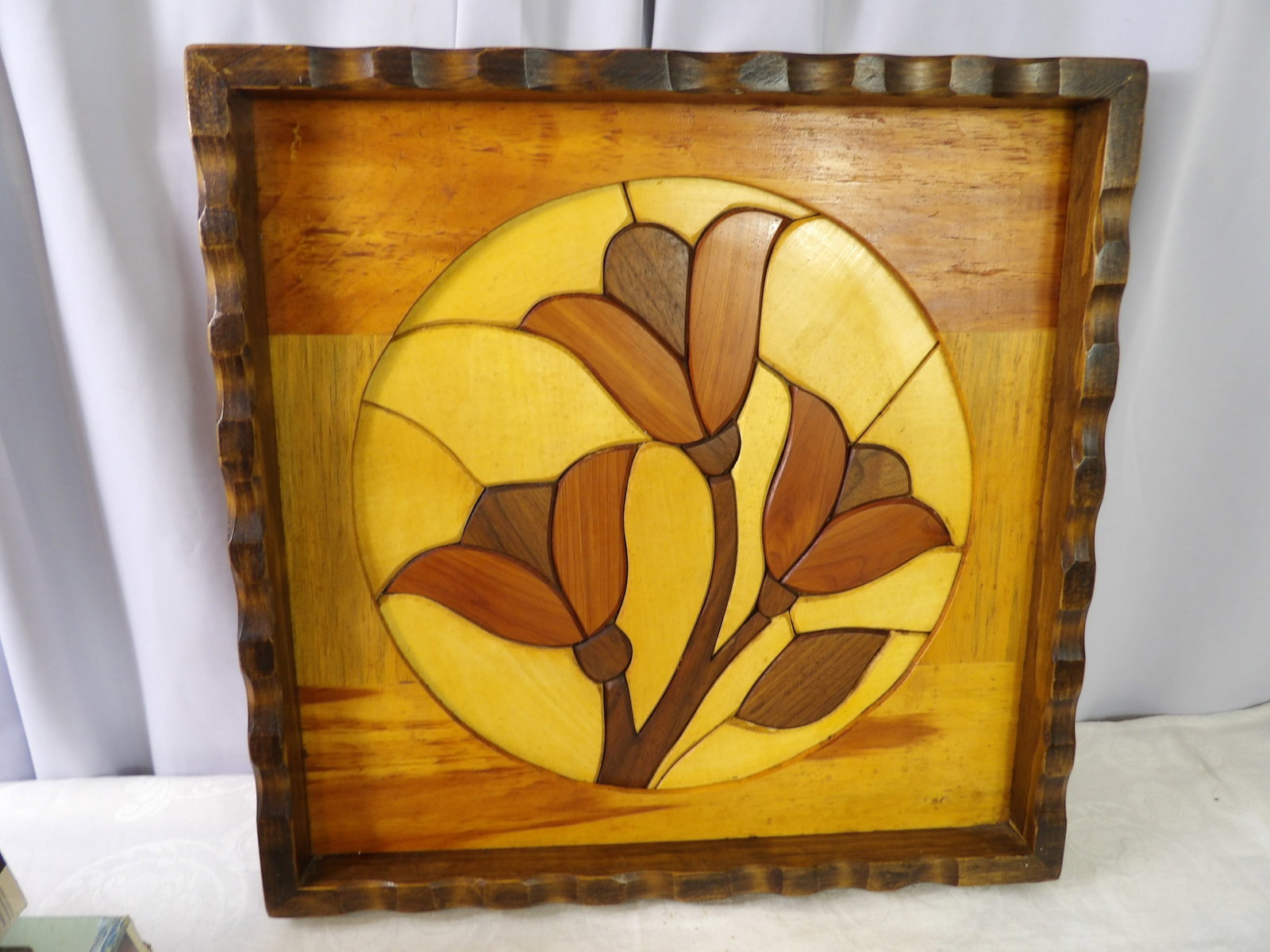Handcrafted Wooden Art: Handcrafted Intarsia Wood Art Floral Design, 18 1/2" X 18 1/2". All measurements approximate. Please see photos for condition and details. Selling as is from 04281.