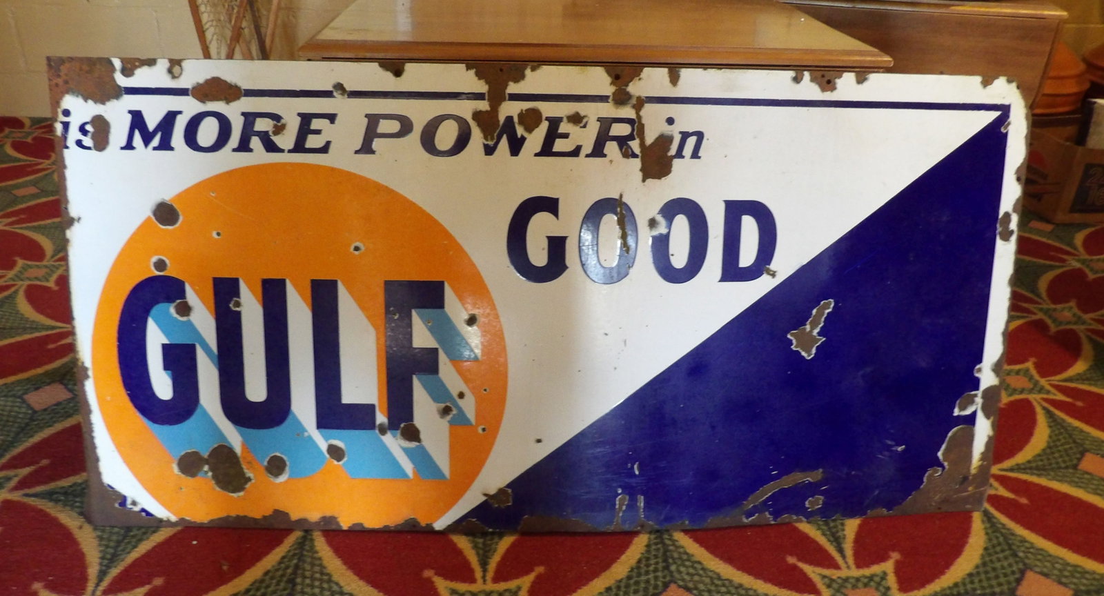 Vintage Porcelain Gulf Sign: Vintage Porcelain Gulf Sign, One Sided, 23" X 47". All measurements approximate. Please see photos for condition and details. Selling as is from 04281.