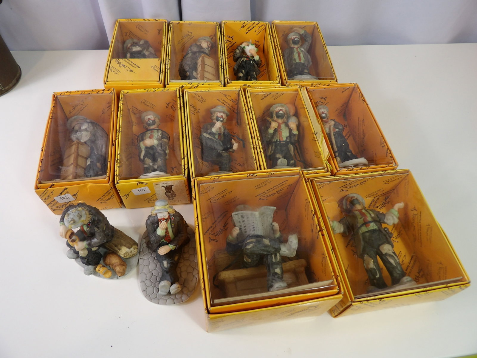 Emmett Kelly Clown Figurine Collection: Frambro Emmett Kelly, J.R. Clown Figurine Collection. All measurements approximate. Please see photos for condition and details. Selling as is from 04281.