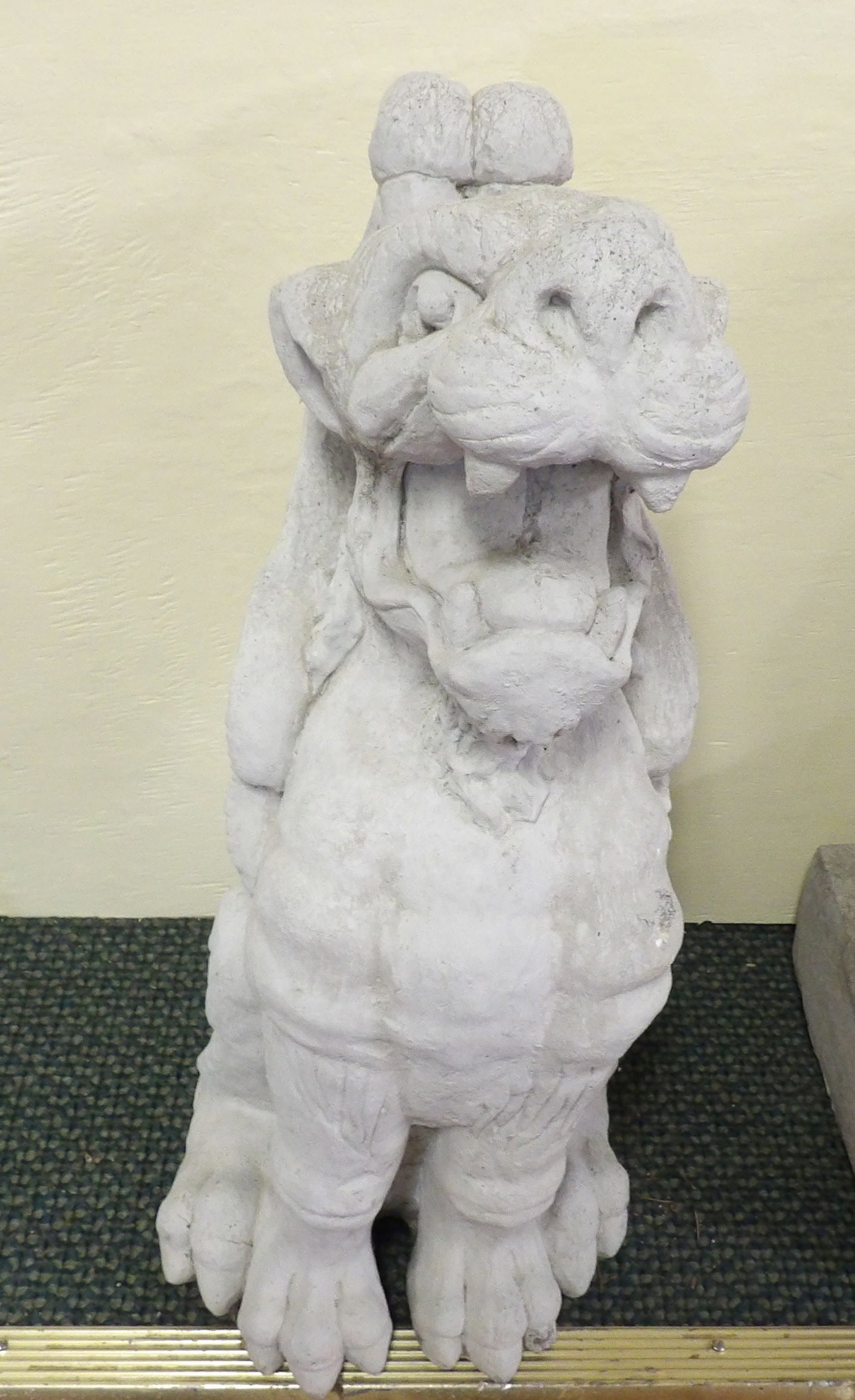 20" Foo Dog Garden Statue: 20" Concrete Foo Dog Garden Statue. All measurements approximate. Please see photos for condition and details. Selling as is from 04281.