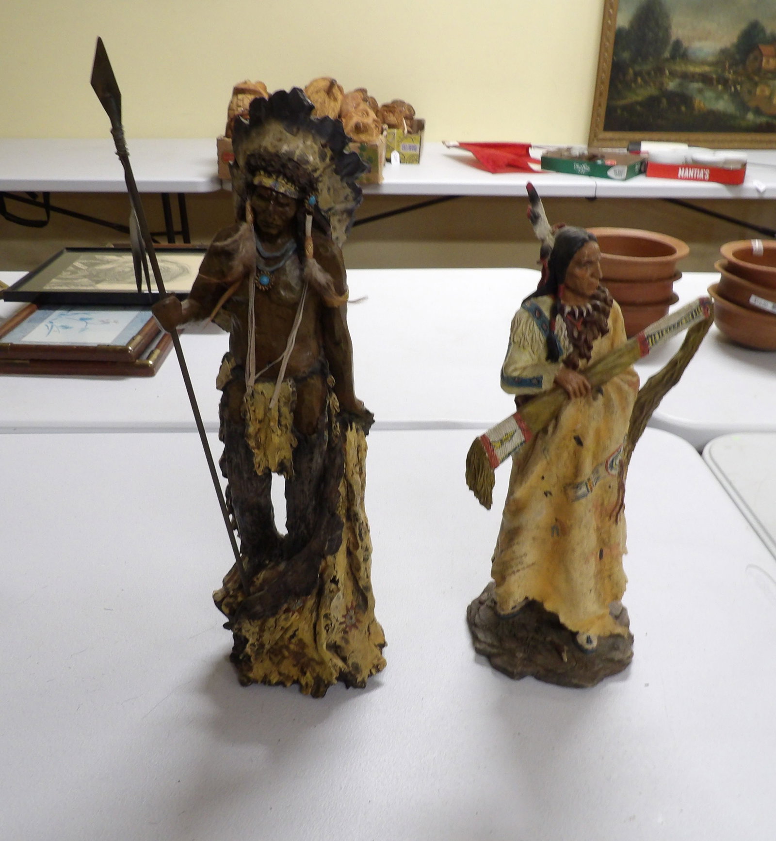 2 PCS.-Native American Figures: 2 Large Native American Figures, Resin, 17" and 20" Tall. All measurements approximate. Please see photos for condition and details. Selling as is from 04281.