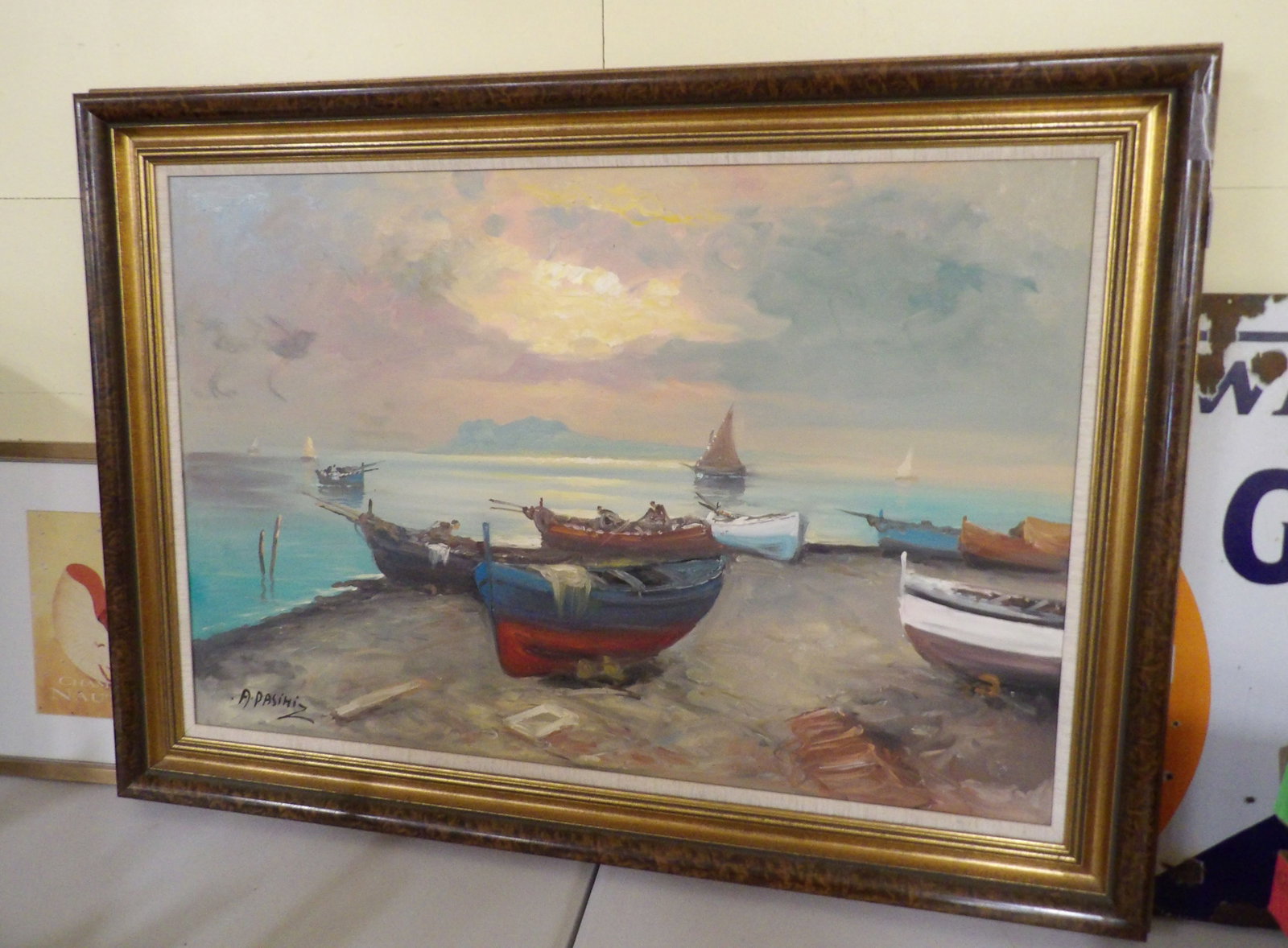 Seascape Oil Painting: Seascape Oil Painting of Fishing Boats by A. Pasini, 31" X 42". All measurements approximate. Please see photos for condition and details. Selling as is from 04281.