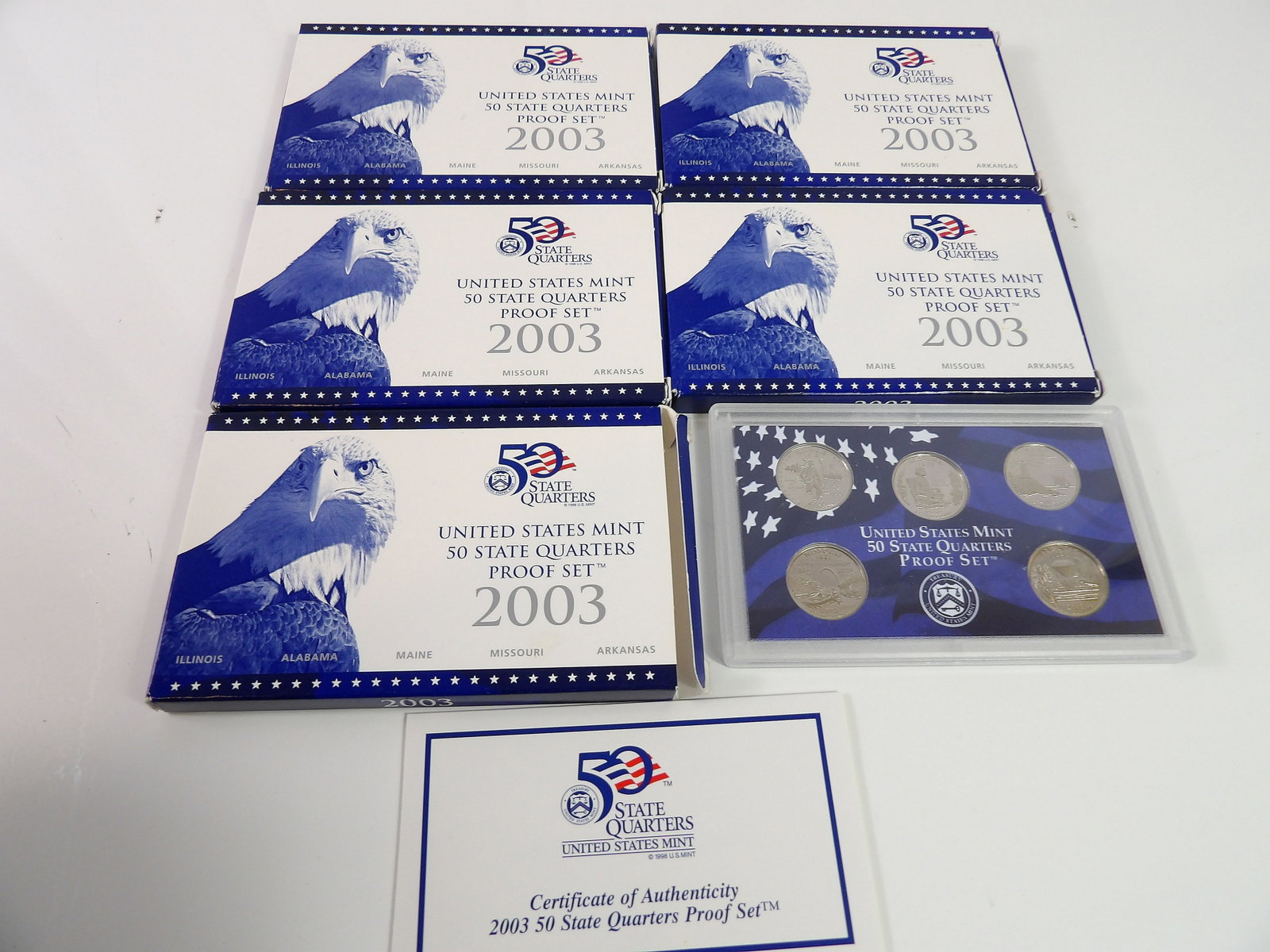 5 Sets - 2003 U.S. Mint State Quarters Proof Sets: 5 Sets, New 2003 United States Mint 50 States Quarters Proof Set. All measurements approximate. Please see photos for condition and details. Selling as is from 04281.