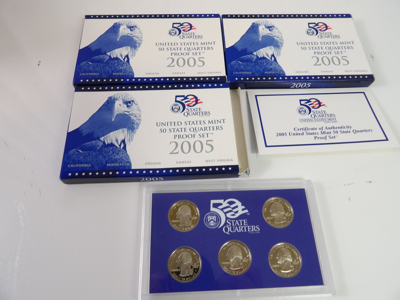 3 2005 United States Mint 50 State Quarters Proof Sets: 3 United States Mint , 50 State Quarters Proof Sets, 2005. All measurements approximate. Please see photos for condition and details. Selling as is from 04281.