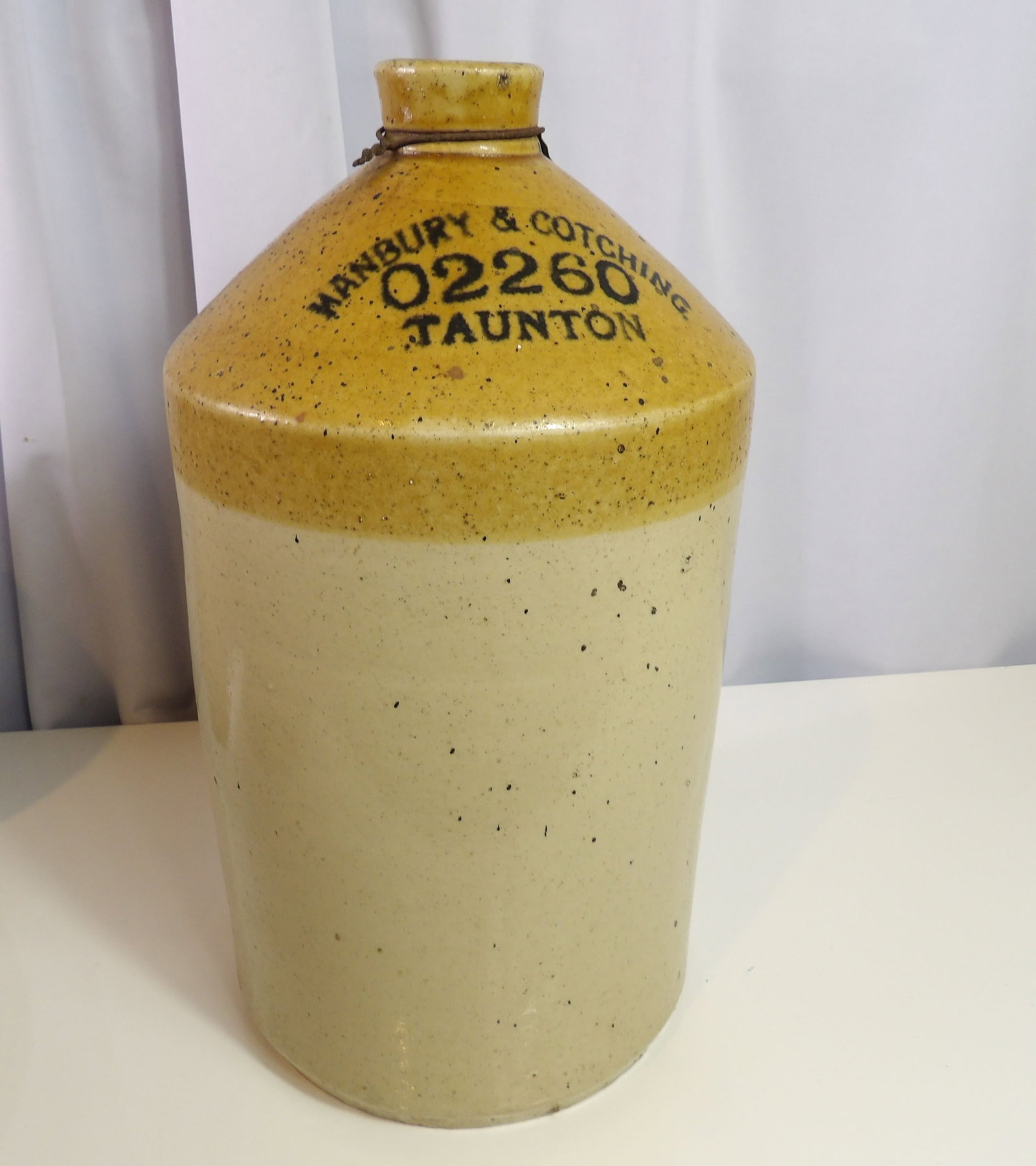 Hanbury and Cotching English Stoneware Jug: Antique English Stoneware Jug, Hanbury and Cotching, 16" Tall. (No cracks or damage.) All measurements approximate. Please see photos for condition and details. Selling as is from 04281.
