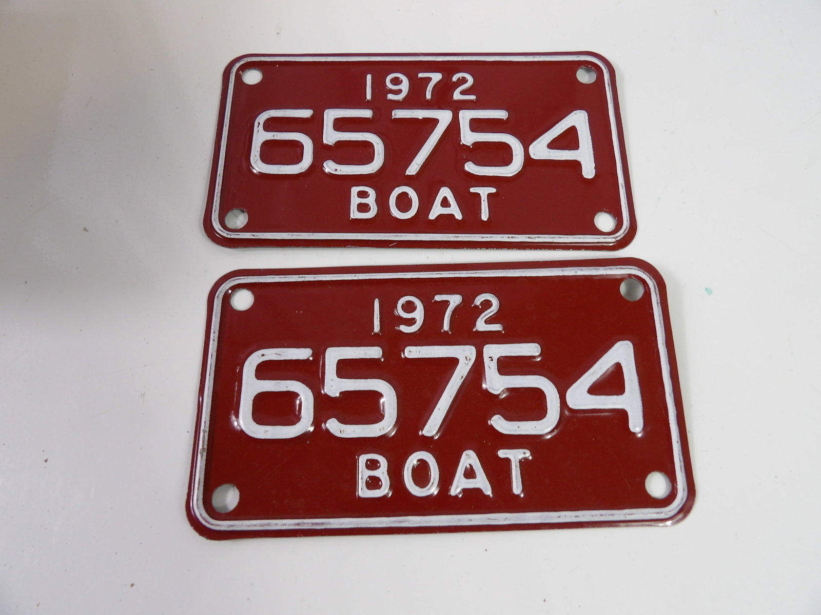Pair 1972 Boat License Plates: Pair of 1972 Boat License Plates, Never Used. All measurements approximate. Please see photos for condition and details. Selling as is from 04281.
