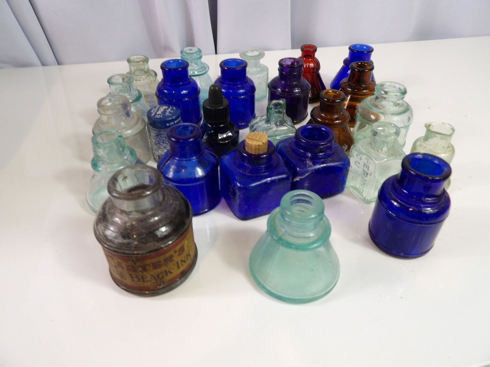Collection of 25 Ink Bottles: Collection of 25 Vintage Ink Bottles. All measurements approximate. Please see photos for condition and details. Selling as is from 04281.