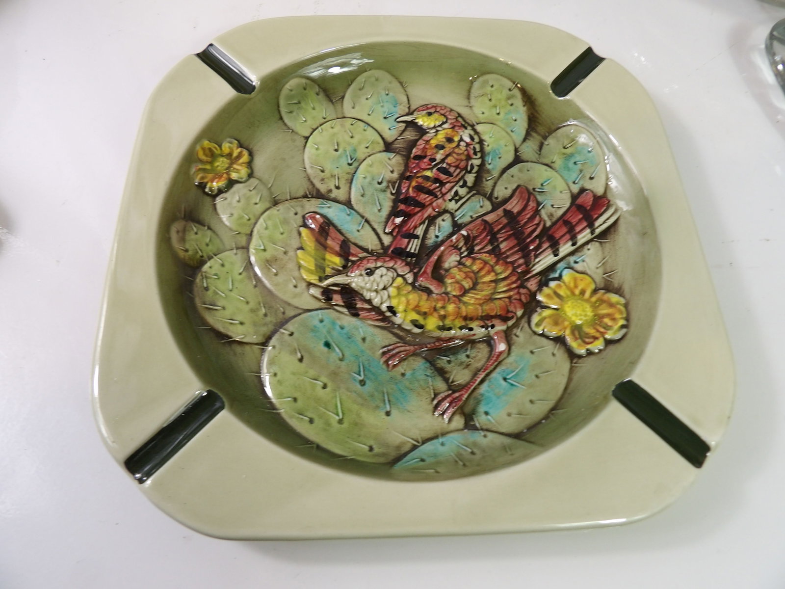 Vintage Ceramic Bird and Cactus Ashtray: Vintage Ceramic Bird and Cactus Ashtray, 10" Square. All measurements approximate. Please see photos for condition and details. Selling as is from 04281.