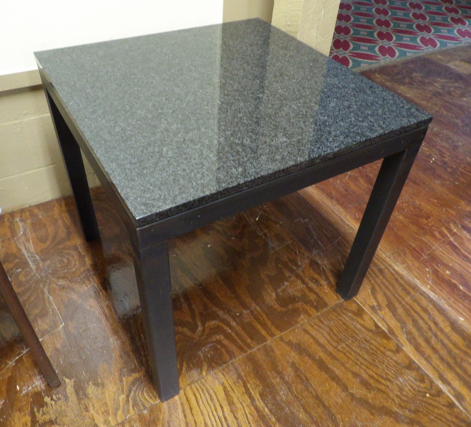Modern Granite Top Side Table: Modern Square Granite Top Side Table, 27" Square. All measurements approximate. Please see photos for condition and details. Selling as is from 04281.