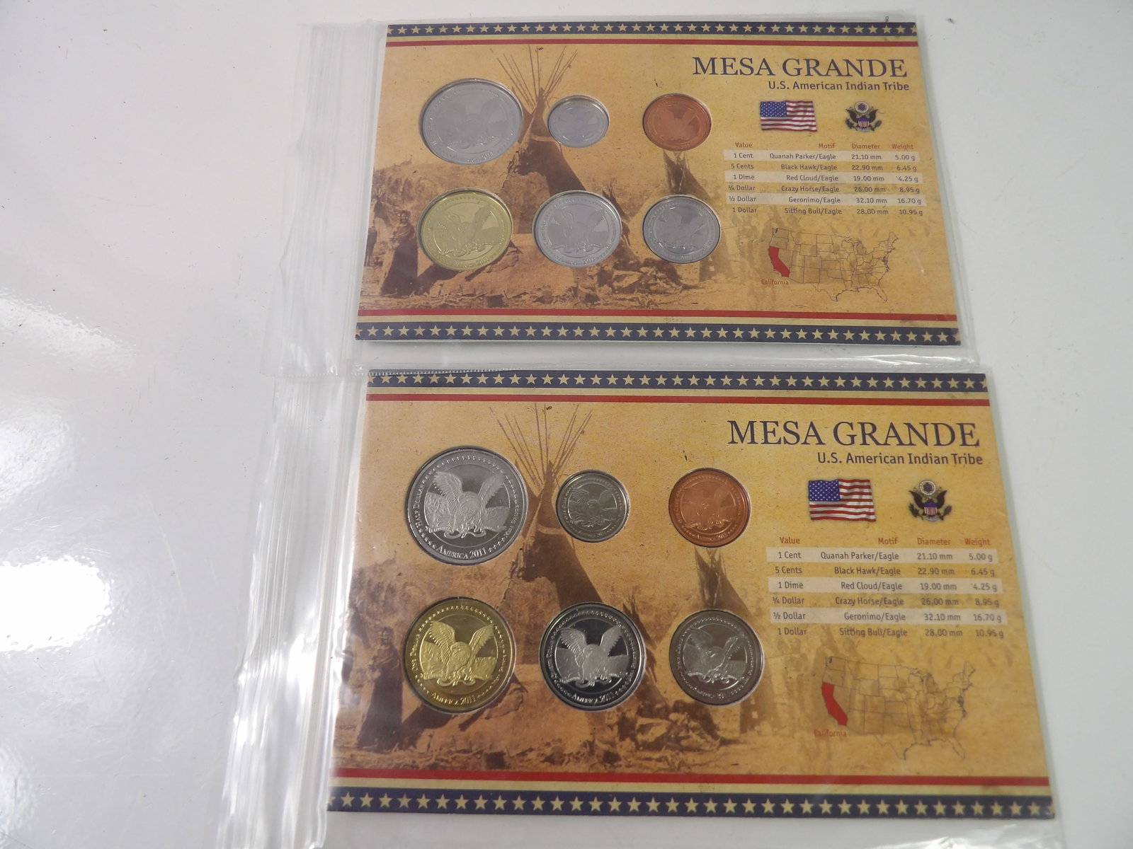 Pair 2011 Mesa Grande U.S. American Indian Tribe Uncirculated Coin Sets: Pair of Mesa Grande U.S. American Indian Tribe, 2011 Uncirculated Coin Sets. All measurements approximate. Please see photos for condition and details. Selling as is from 04281.