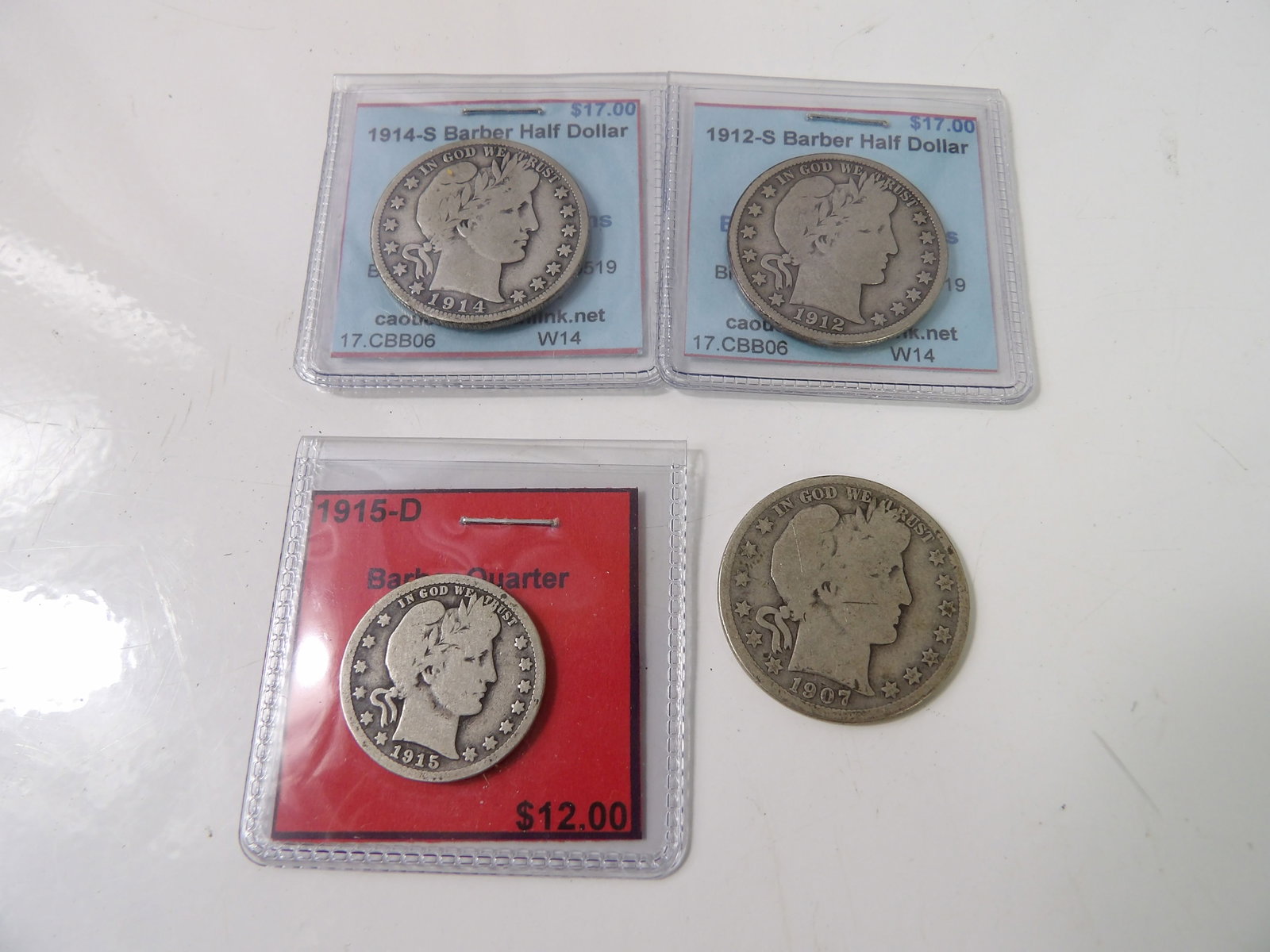3 Barber Half-Dollars, 1 Barber Quarter: 3 Barber Half-Dollars, 1 Barber Quarter. All measurements approximate. Please see photos for condition and details. Selling as is from 04281.