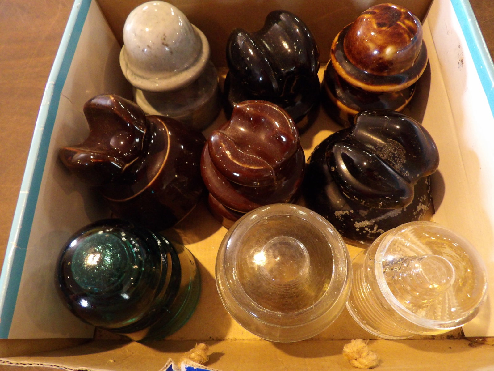 9 PCS.-Glass Insulators: Lot of 9 Glass Insulators. All measurements approximate. Please see photos for condition and details. Selling as is from 04281.