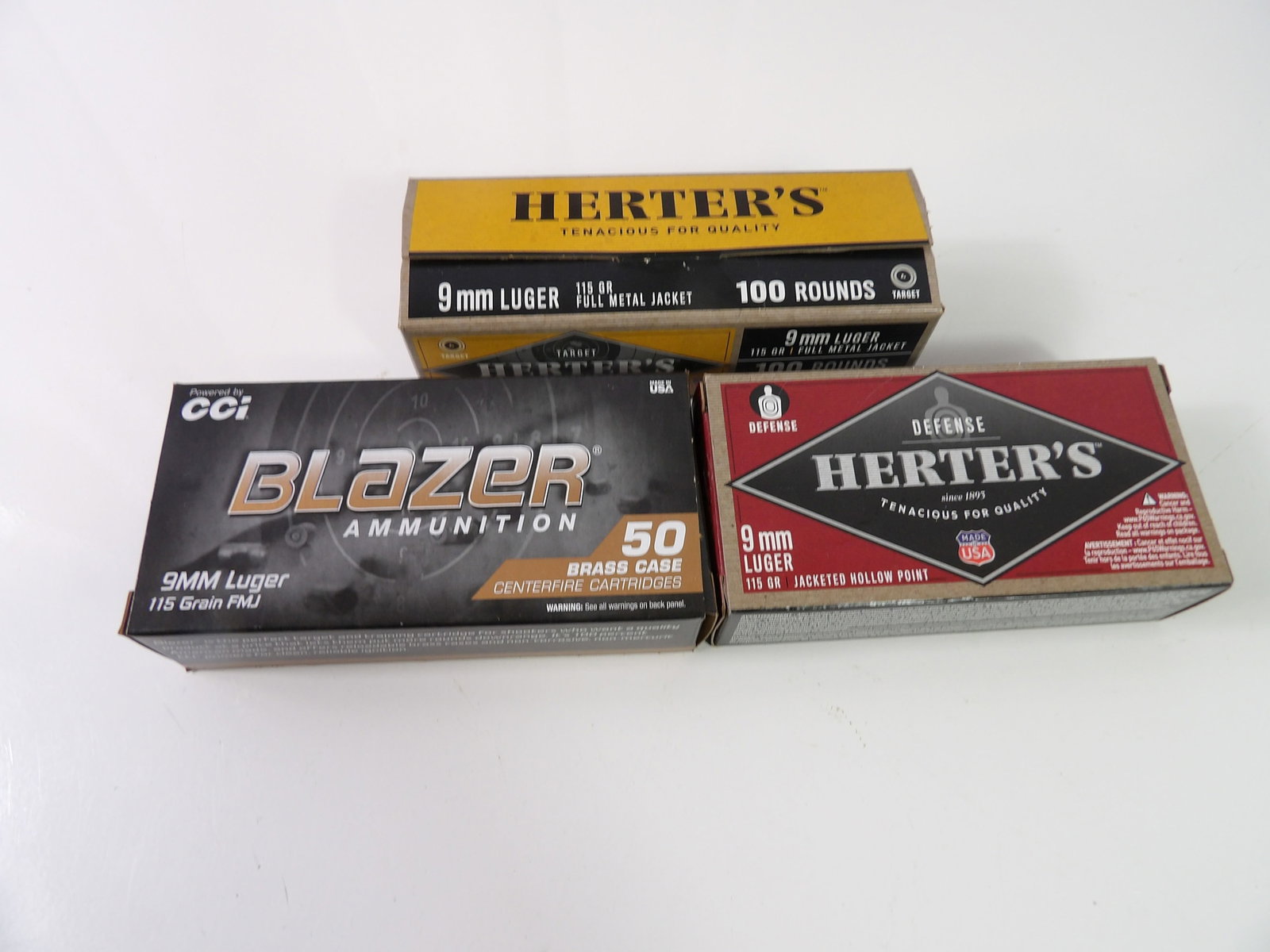 3 Boxes- 9mm Ammunition, FMJ & Hollow Point: 3 Boxes, 9 mm Ammo, (1) 50 Count FMJ, (1) 50 Count Hollow Point, (1) 100 Count FMJ. All measurements approximate. Please see photos for condition and details. Selling as is from 04281.