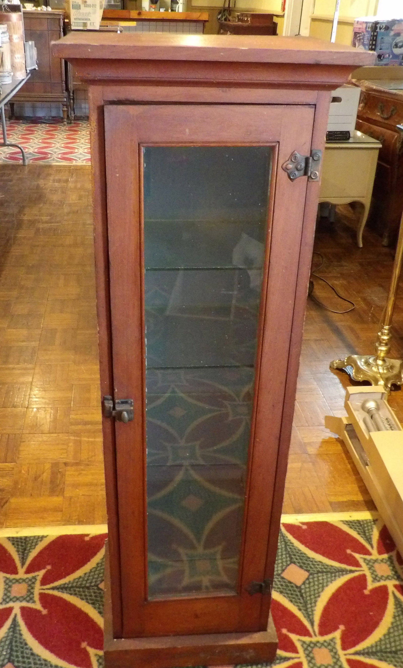 Vintage Curio Cabinet: Vintage Wooden Curio Cabinet with Glass Door and Shelving. 4' Tall X 16" Wide. All measurements approximate. Please see photos for condition and details. Selling as is from 04281.