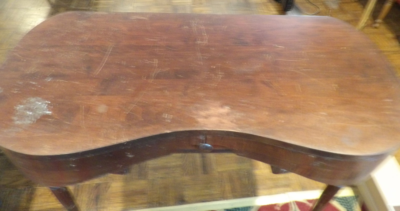 Vintage Writing Desk: Vintage Kidney Shaped Writing Desk with Drawer, Likely 1930's. All measurements approximate. Please see photos for condition and details. Selling as is from 04281.