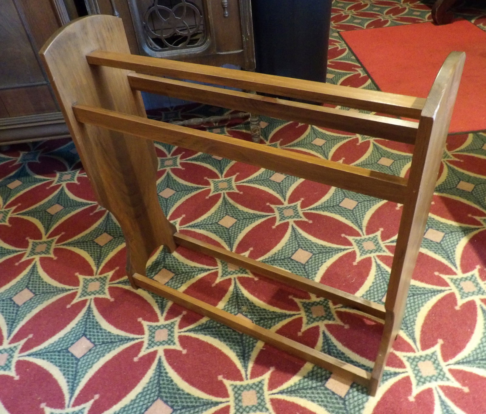 Vintage Quilt or Blanket Rack: Vintage Solid Wood Two-Tiered Quilt or Blanket Rack with Curved Sides. All measurements approximate. Please see photos for condition and details. Selling as is from 04281.