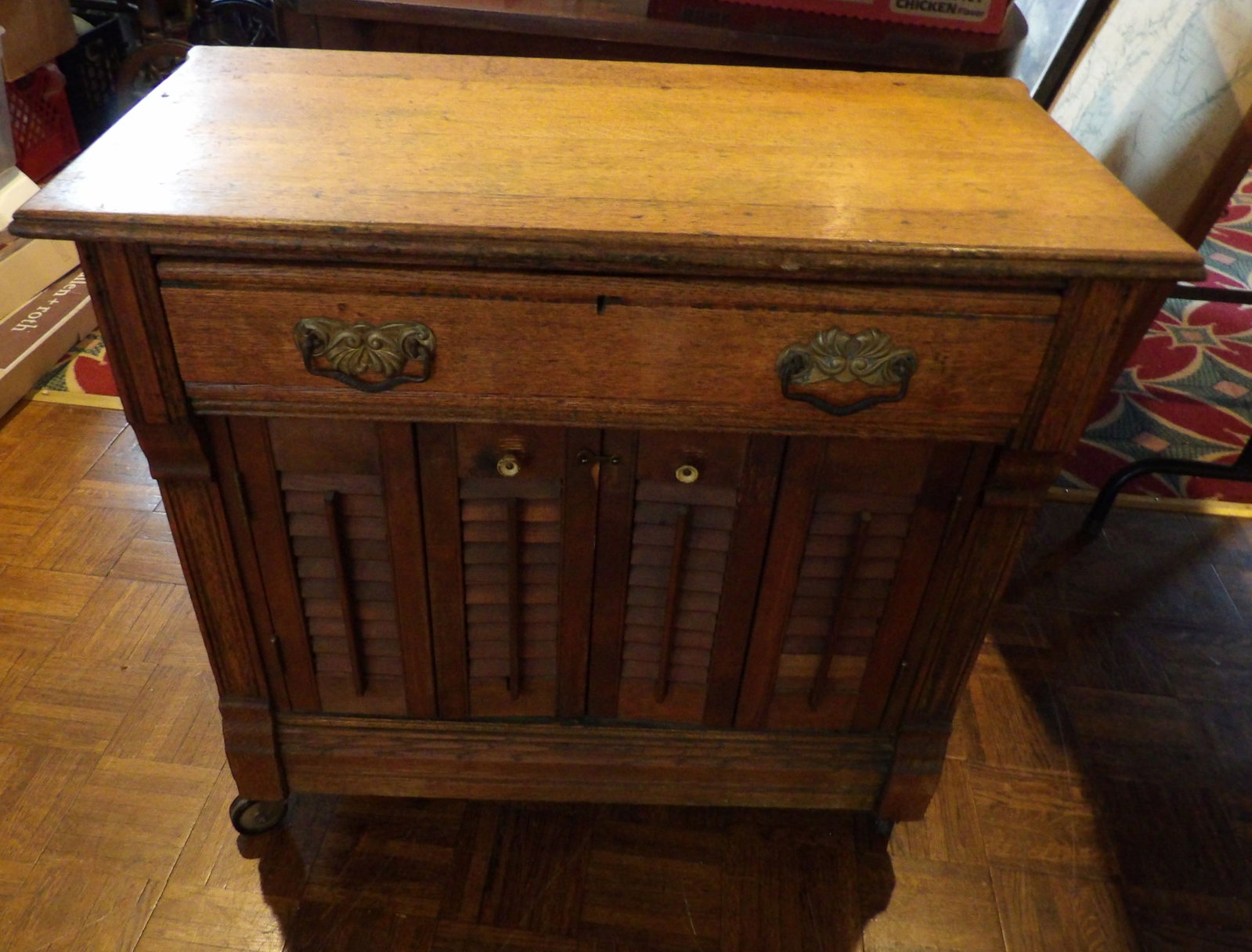 Vintage Oak Dry Sink: Vintage Oak Dry Sink Cabinet with Drawer and Louvered Doors. All measurements approximate. Please see photos for condition and details. Selling as is from 04281.