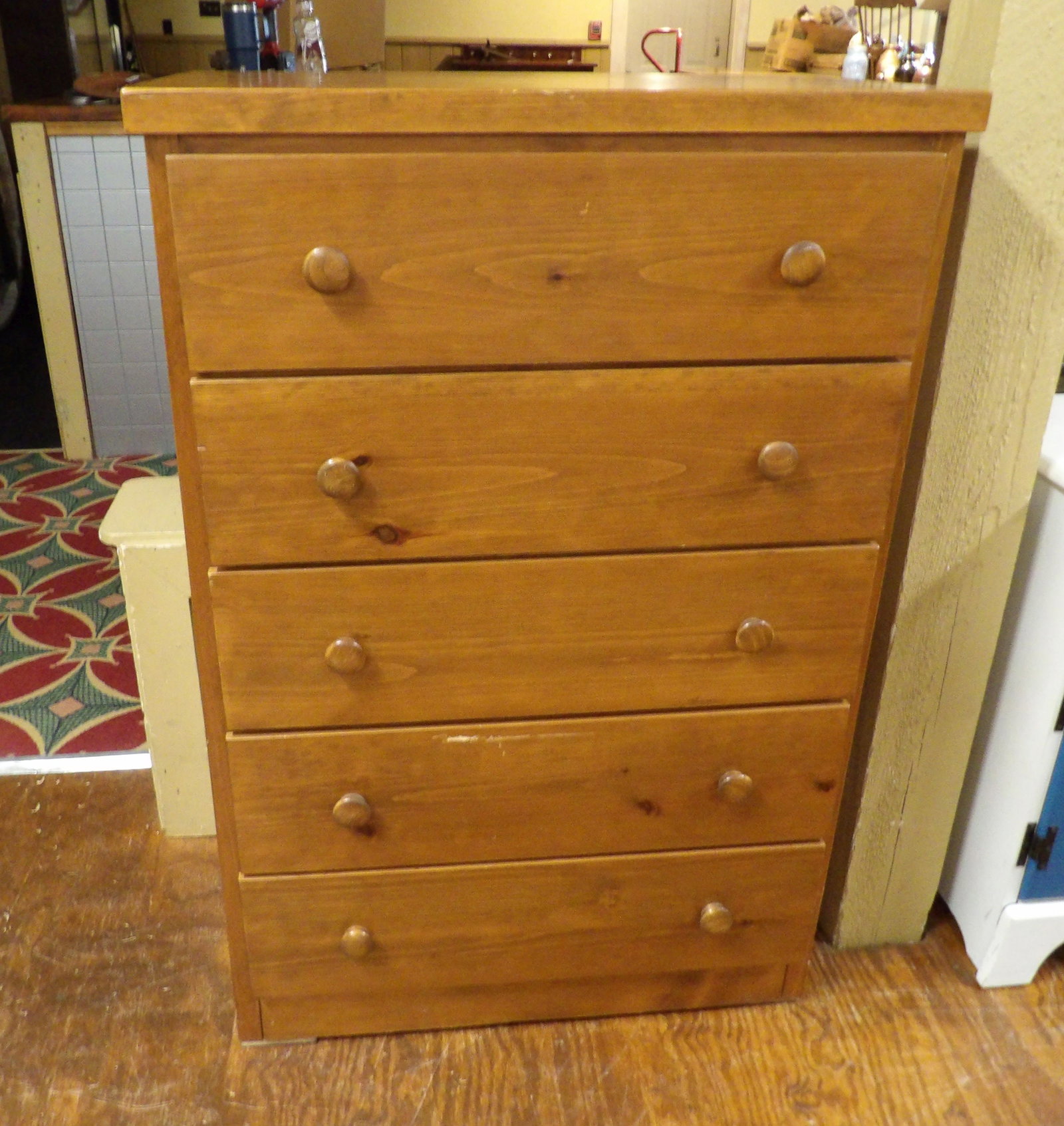 5 Drawer Pine Dresser: Solid 5-Drawer Pine Dresser. All measurements approximate. Please see photos for condition and details. Selling as is from 04281.