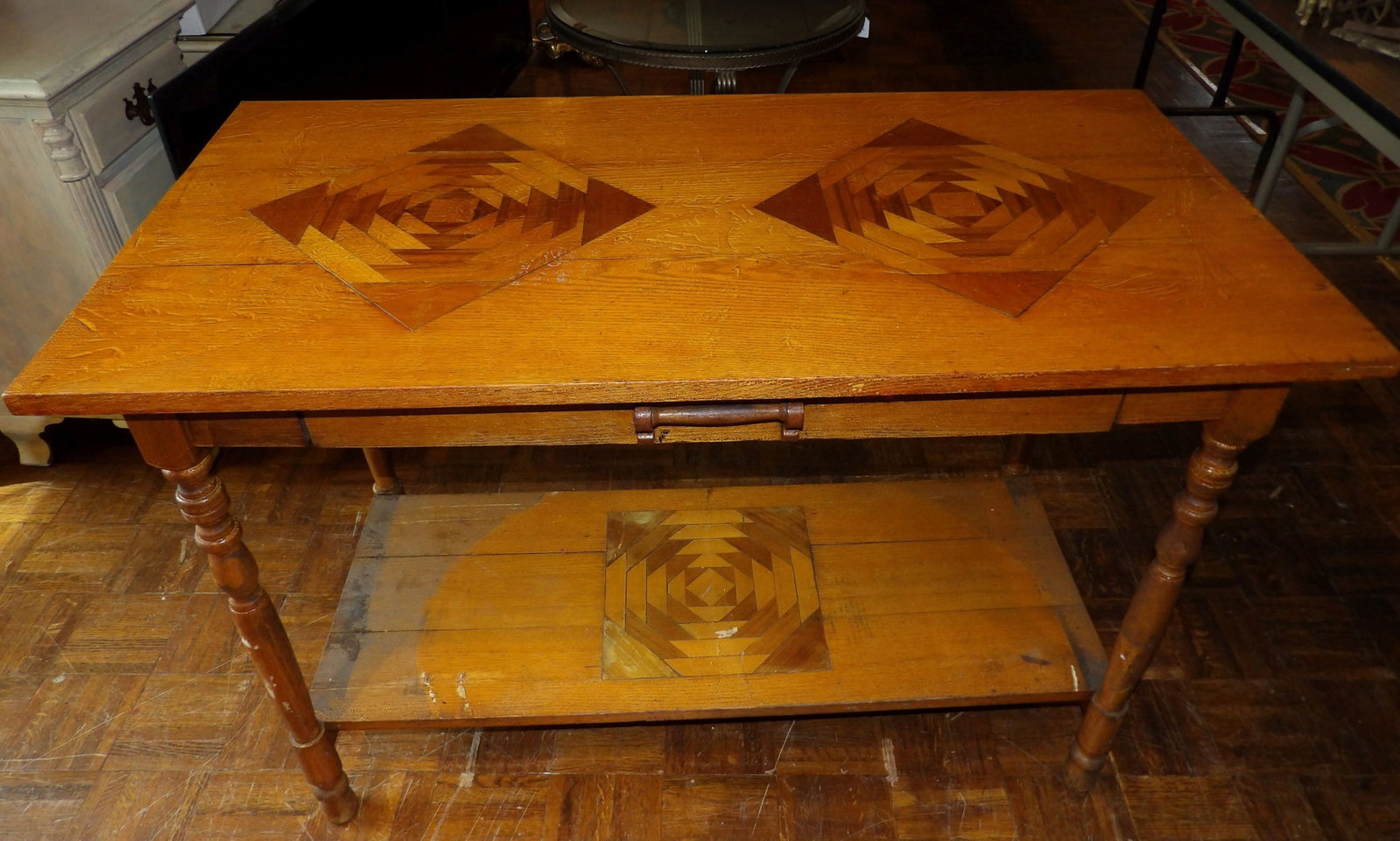 Vintage Side Table: Vintage Wooden Two-Tier Side Table with Geometric Inlay Design. All measurements approximate. Please see photos for condition and details. Selling as is from 04281.