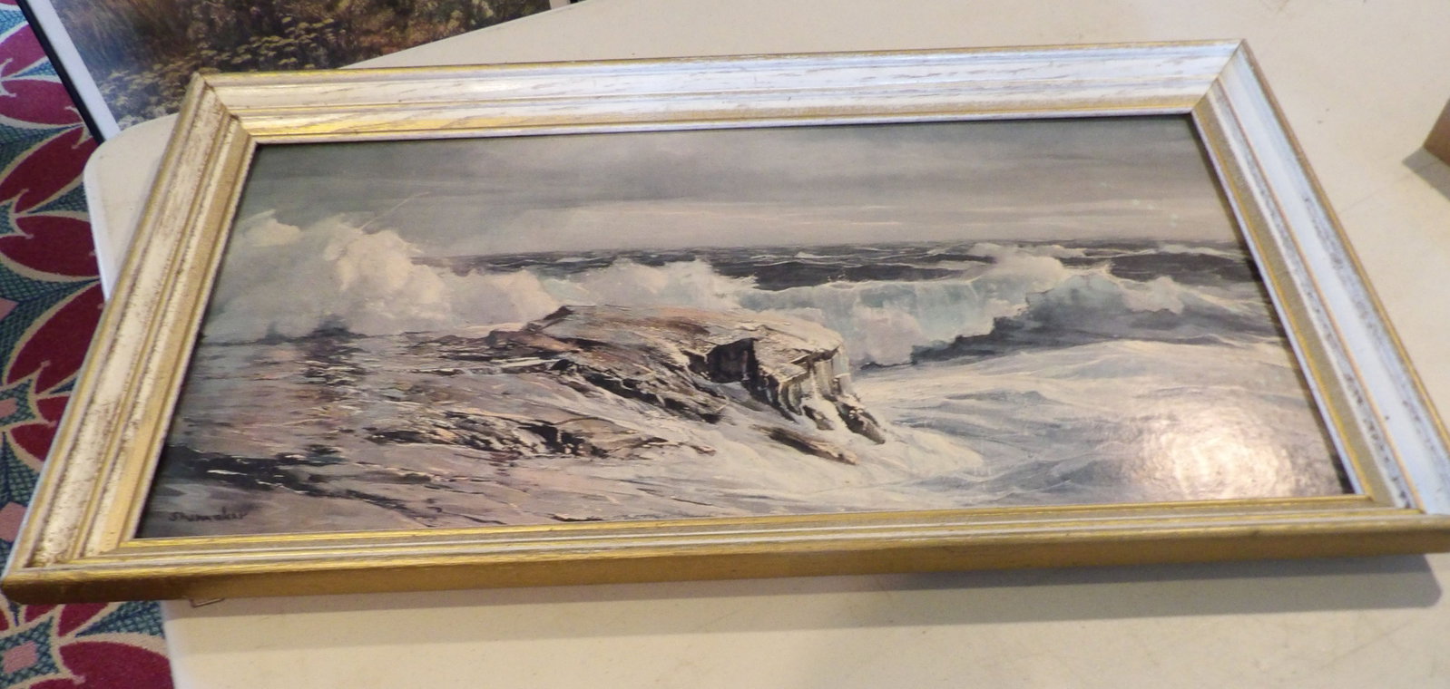 Vintage Framed Oil Painting of Stormy Seascape: Vintage Framed Oil Painting of Stormy Seascape, 14" X 27". All measurements approximate. Please see photos for condition and details. Selling as is from 04281.