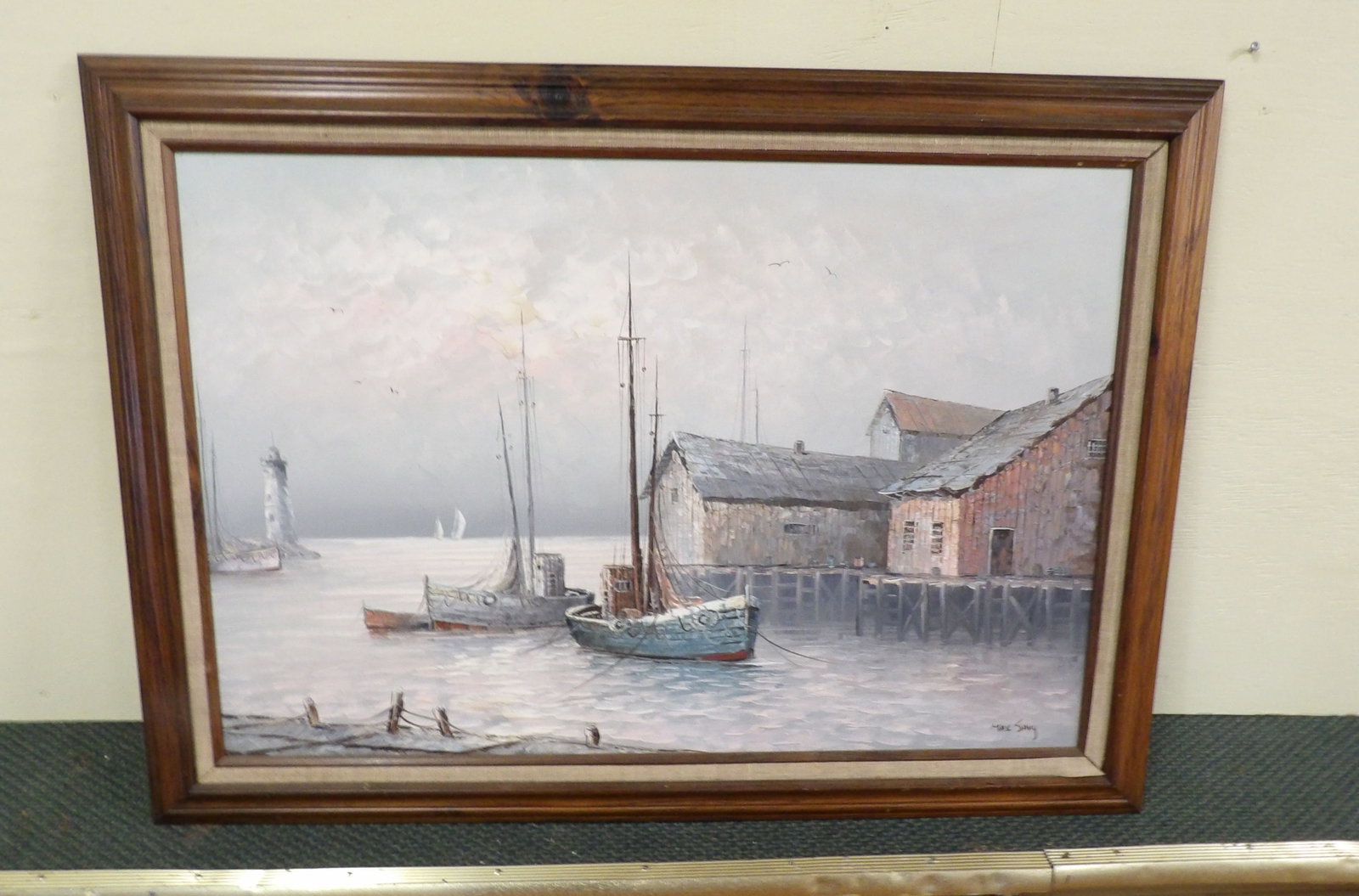 Max Savy Oil Painting of Maine Harbor: Beautiful Max Savy Oil Painting of Maine Harbor and Lighthouse, 30" X 42". All measurements approximate. Please see photos for condition and details. Selling as is from 04281.