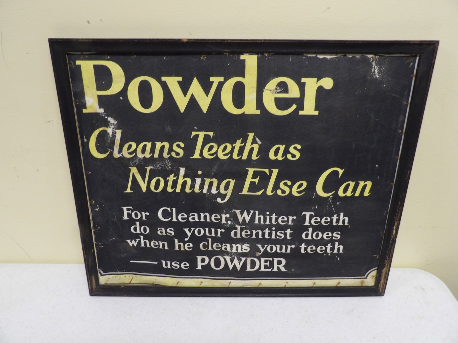 Vintage Powder Cleans Teeth Advertising Sign: Vintage "Powder Cleans Teeth" Advertising Sign, 17" X 21". All measurements approximate. Please see photos for condition and details. Selling as is from 04281.