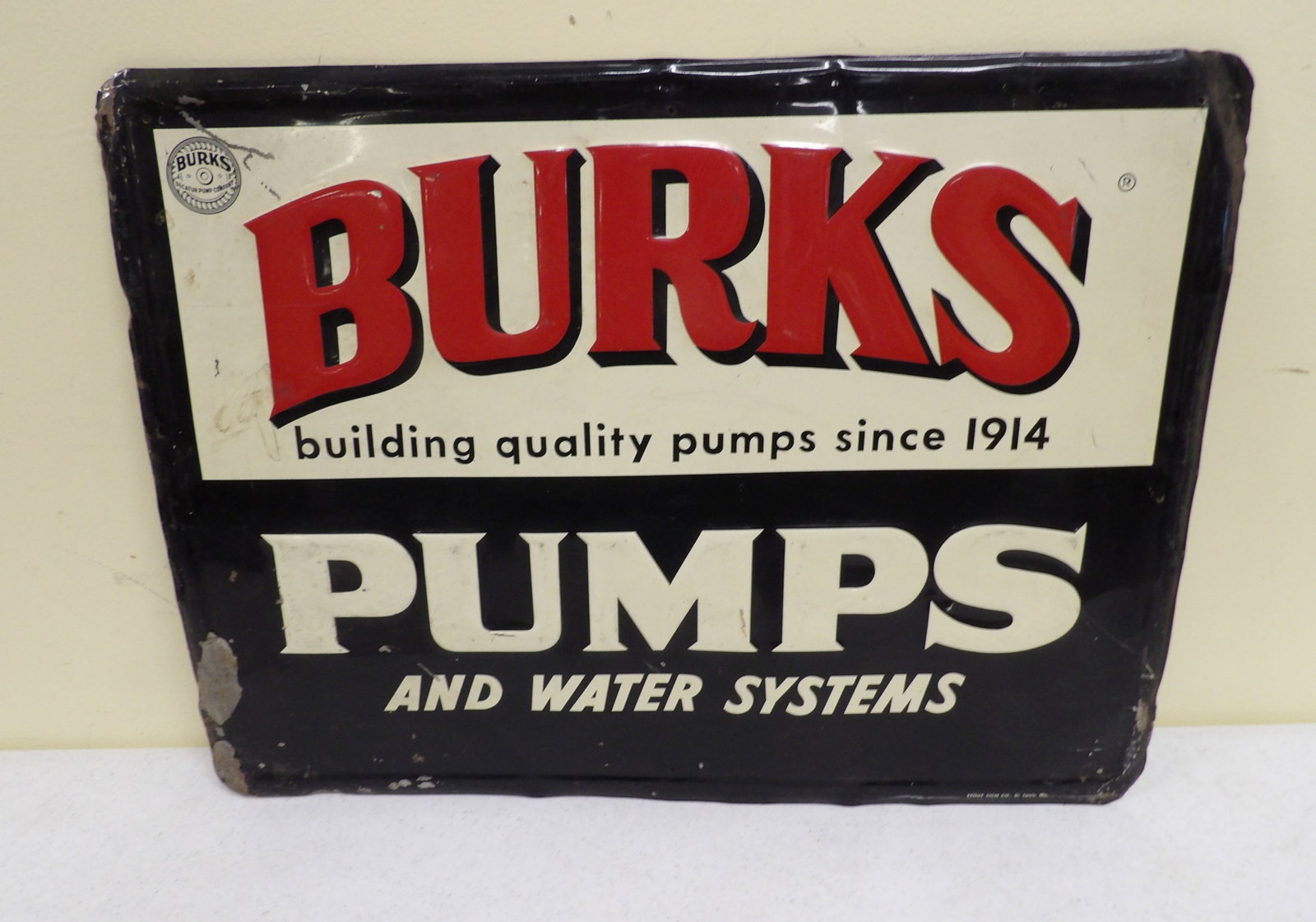 Vintage Burke's Pumps Embossed Metal Sign: Vintage Burke's Pumps Embossed Metal Sign, 17" X 23". All measurements approximate. Please see photos for condition and details. Selling as is from 04281.