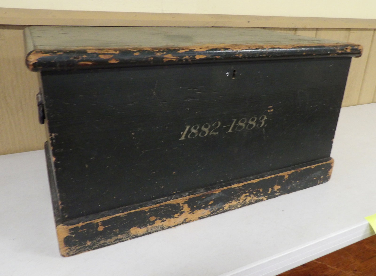 Early Painted Wooden Chest, 1882 - 1883: Early Green Painted Wooden Chest, Inscribed 1882-1883, 32" Long X 18" Deep. All measurements approximate. Please see photos for condition and details. Selling as is from 04281.