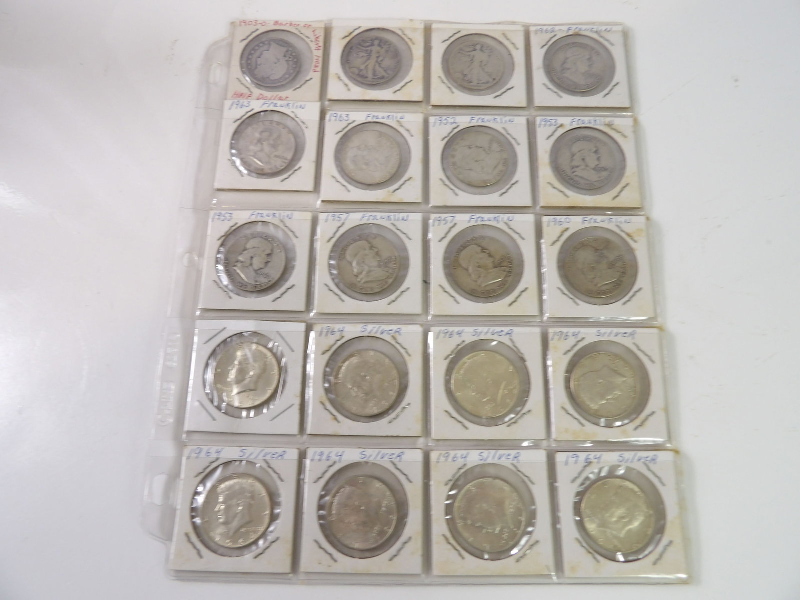 20 Silver Half-Dollars, Barber, Standing Liberty, Franklin, & Kennedy: Lot of 20 Silver Half-Dollars. Barber, Standing Liberty, Franklin, and Kennedy. All measurements approximate. Please see photos for condition and details. Selling as is from 04281.