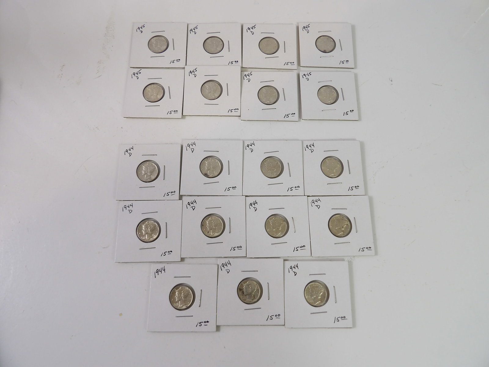 19 1945D, 1944D, & 1944 Mercury Dimes: Lot of 19 Pristine Mercury Dimes, (8) 1945D, (10) 1944D, (1) 1944. All Excellent Condition. All measurements approximate. Please see photos for condition and details. Selling as is from 04281.