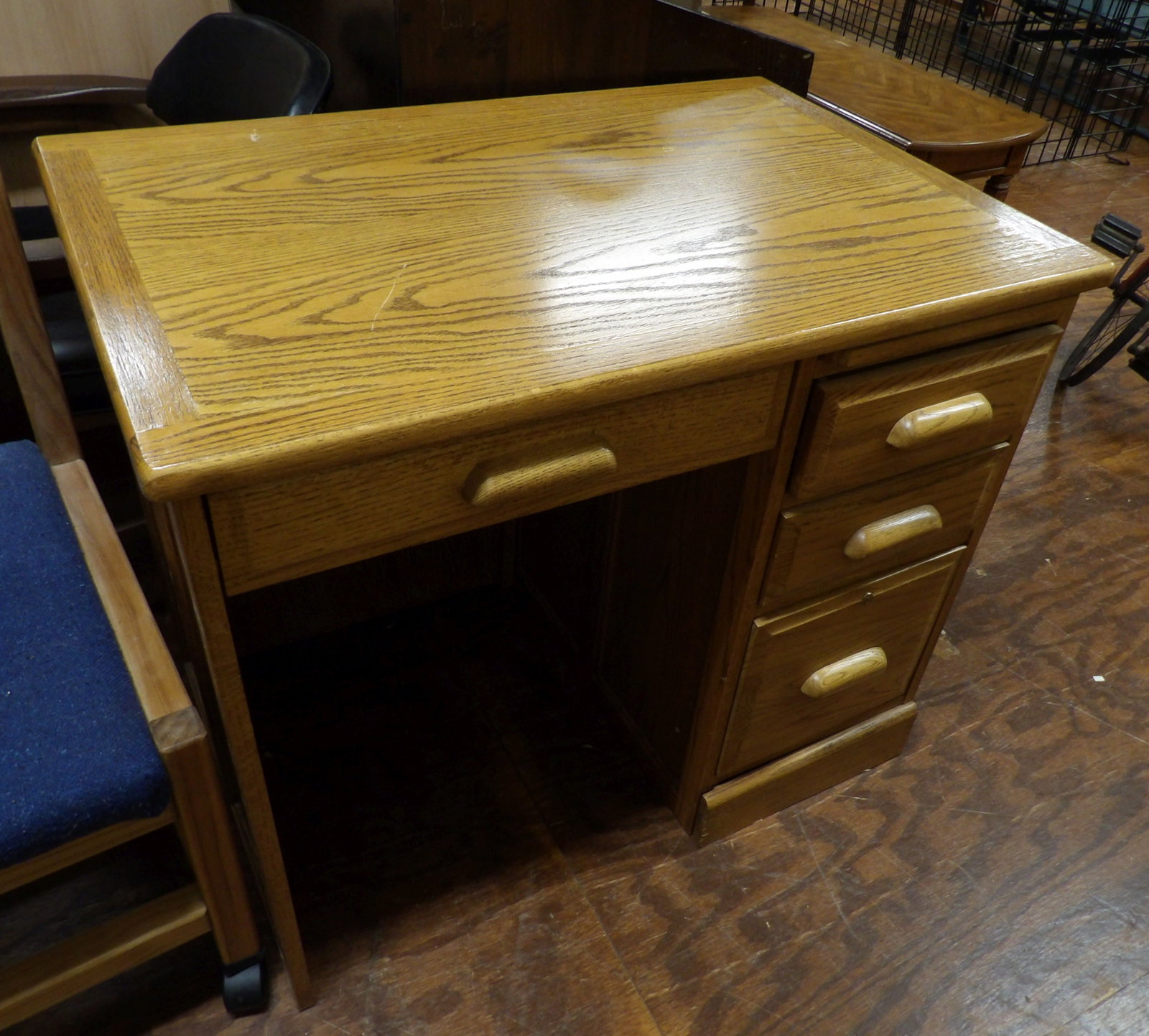 Oak Desk and Chair: Solid Oak Desk and Chair. 3' Wide X 2' Deep. Excellent Condition. All measurements approximate. Please see photos for condition and details. Selling as is from 04281.
