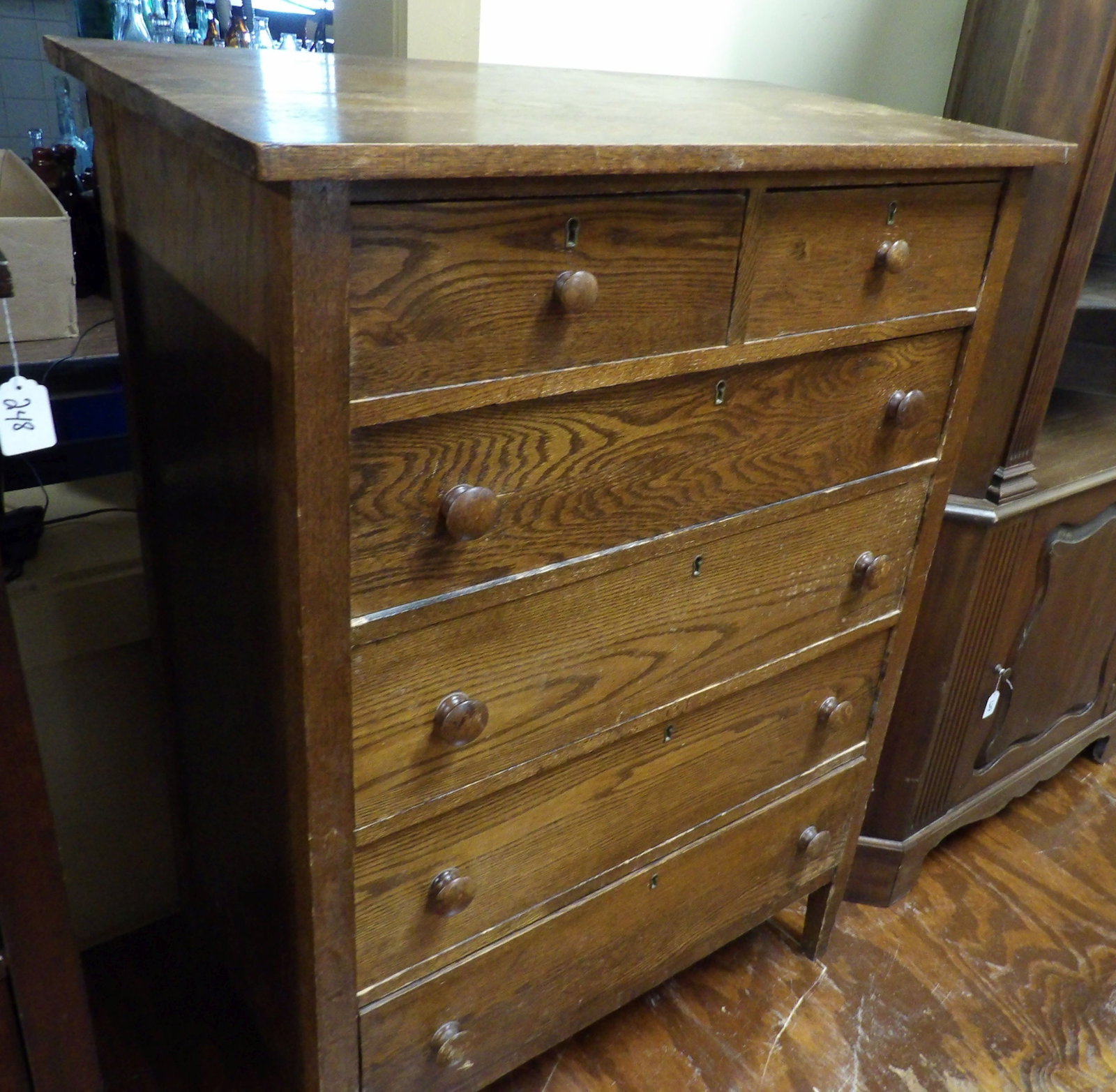 Oak Dresser: Solid Oak, 2 Over 4 Drawer Oak Dresser. All measurements approximate. Please see photos for condition and details. Selling as is from 04281.