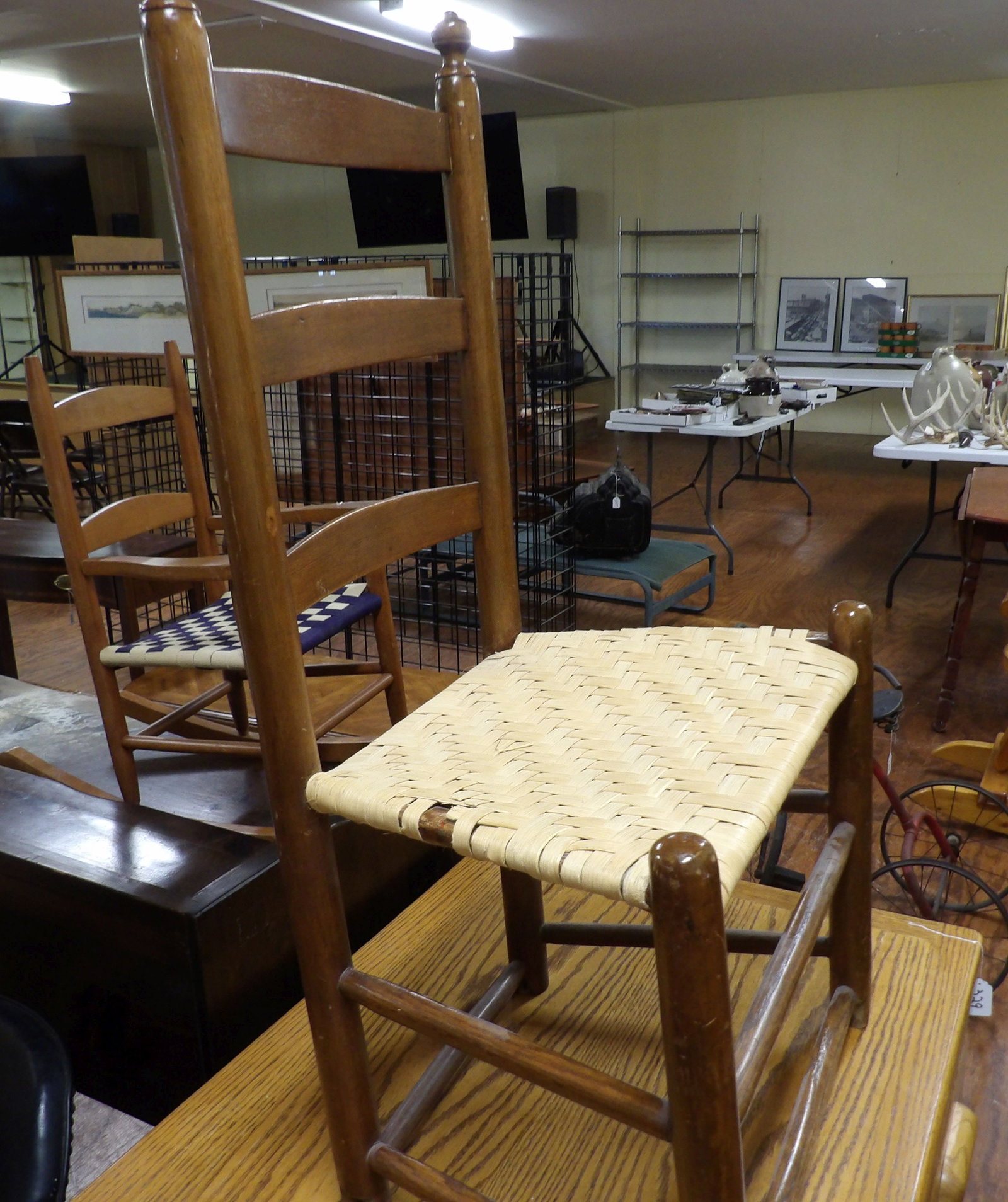 Antique Child's Chair: Antique Child's Ladderback Rush Seat Chair. All measurements approximate. Please see photos for condition and details. Selling as is from 04281.