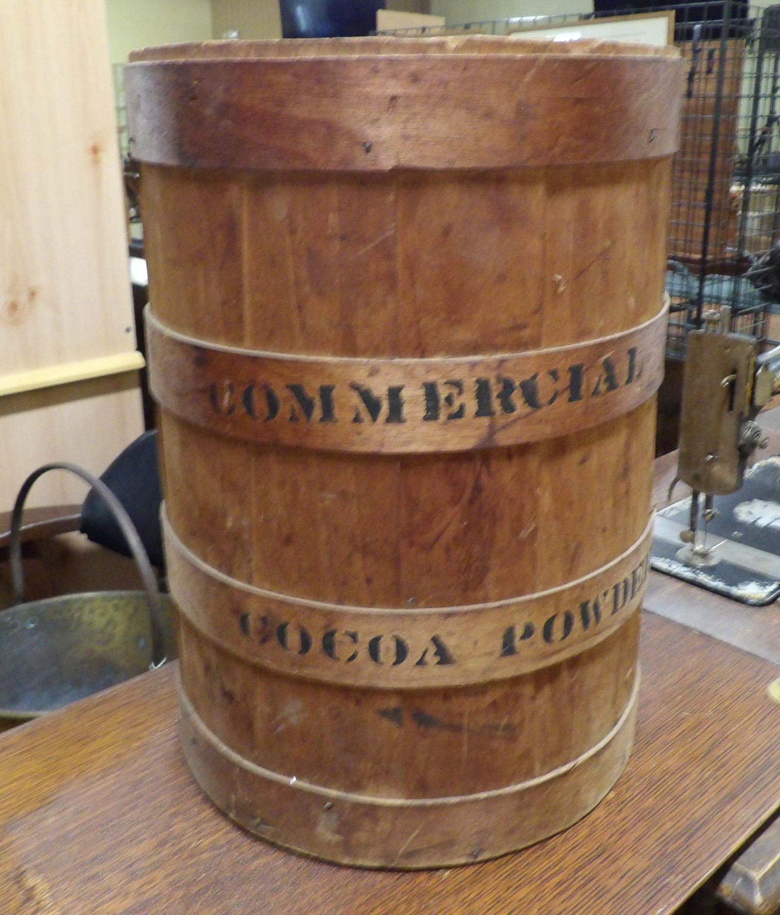Vintage Cocoa Powder Advertising Barrel: Vintage Commercial Cocoa Powder Advertising Wooden Barrel. 17" High X 12" Diameter. All measurements approximate. Please see photos for condition and details. Selling as is from 04281.