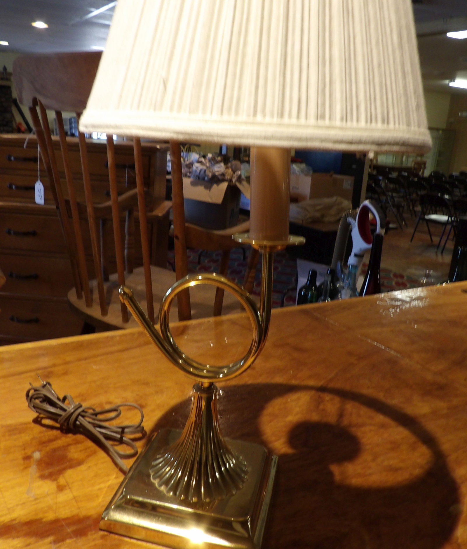 Vintage Brass Table Lamp: Vintage Brass French Horn Style Bouillotte Table Lamp with Pleated Shade. 20" Tall. All measurements approximate. Please see photos for condition and details. Selling as is from 04281.
