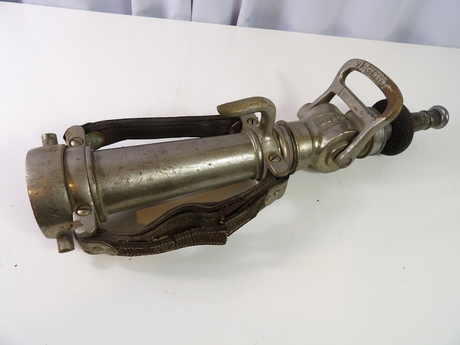Vintage Akron Firehose Nozzle with Leather Straps (1 of 6)