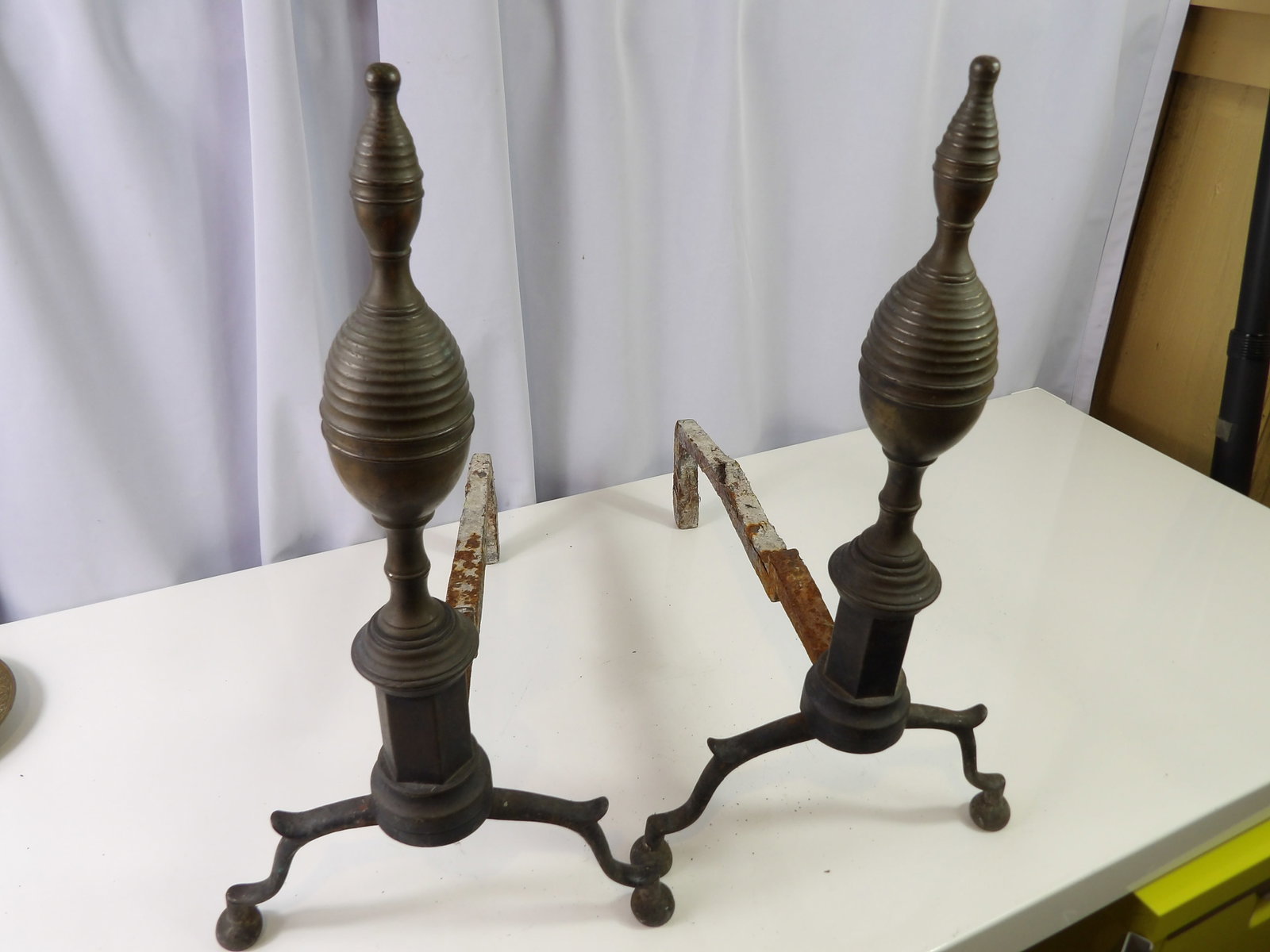 Vintage Brass and Iron Fireplace Andirons with Urn Finials (1 of 5)