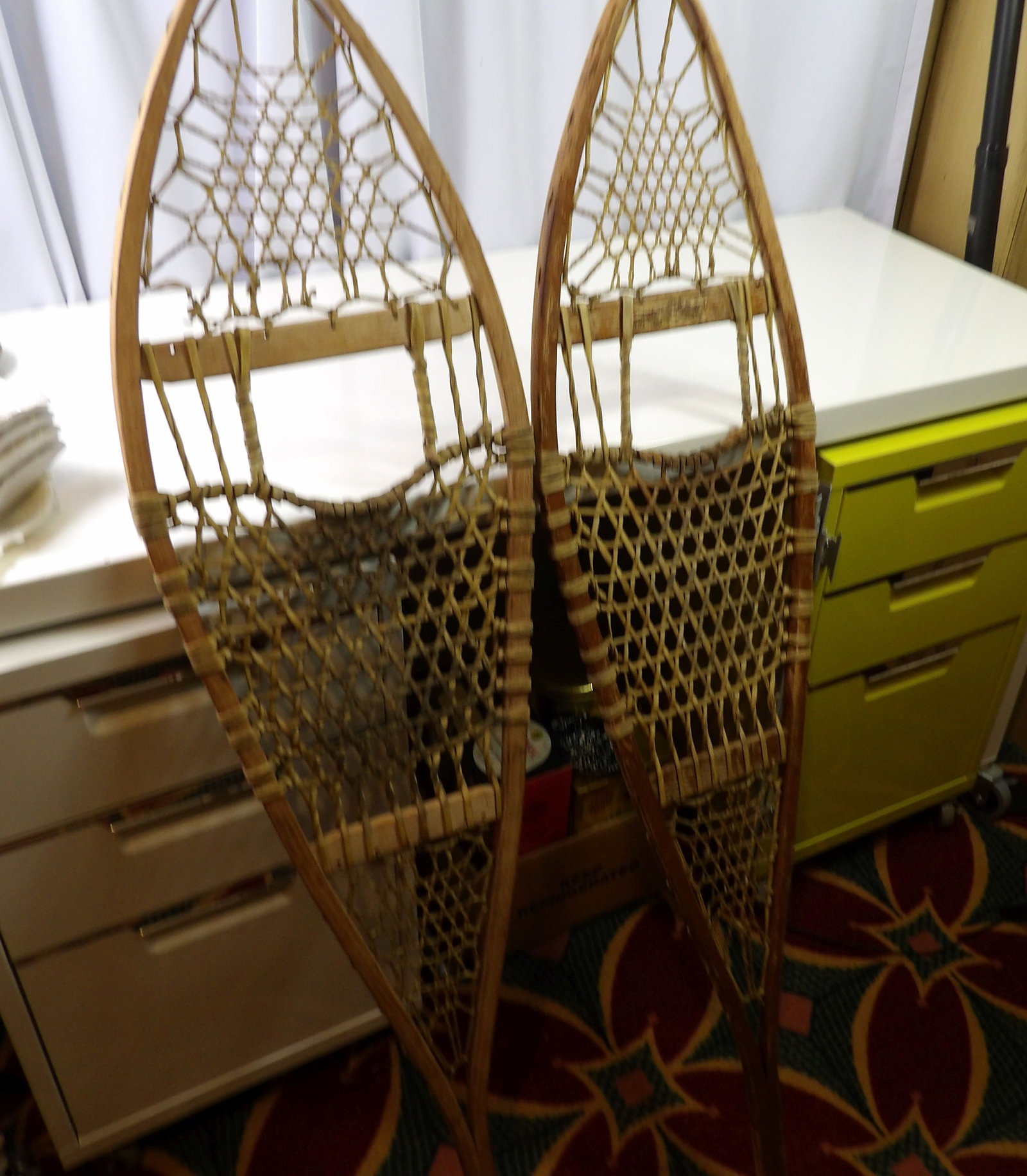 Early Pair of Tubbs Snowshoes: Early Pair of Tubbs Wood and Leather Snowshoes. 48". All measurements approximate. Please see photos for condition and details. Selling as is from 04281.