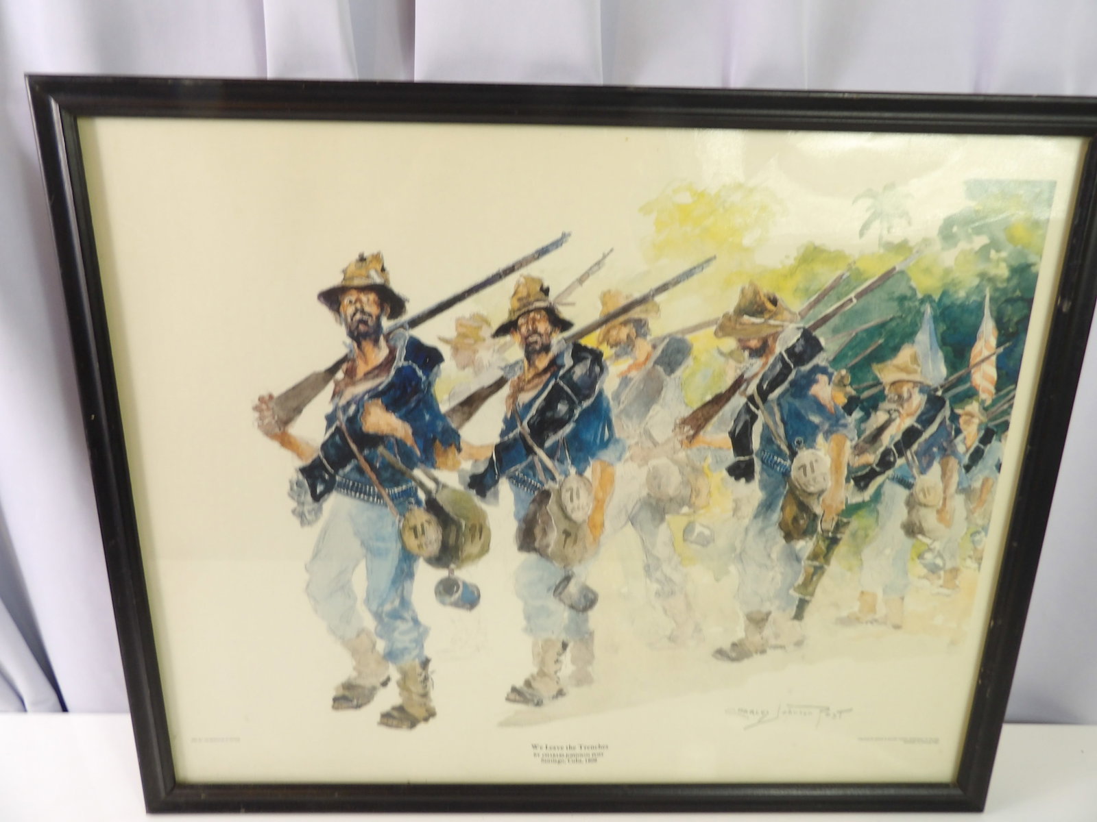 Vintage Framed Print "We Leave the Trenches": 17" X 21" Vintage Framed Print "We Leave the Trenches" by Charles Johnson Post, Cuba 1898. All measurements approximate. Please see photos for condition and details. Selling as is from 04281.