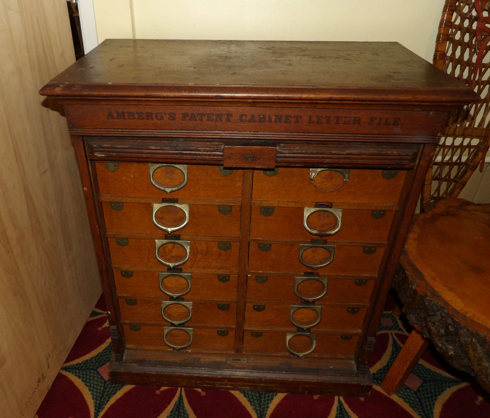 Antique Amberg's Cabinet Letter File: Antique Amberg's Patent Cabinet Letter File with multiple Drawers. Dated 1878. Very Rare Piece in Very Good Condition. All measurements approximate. Please see photos for condition and details. Sellin