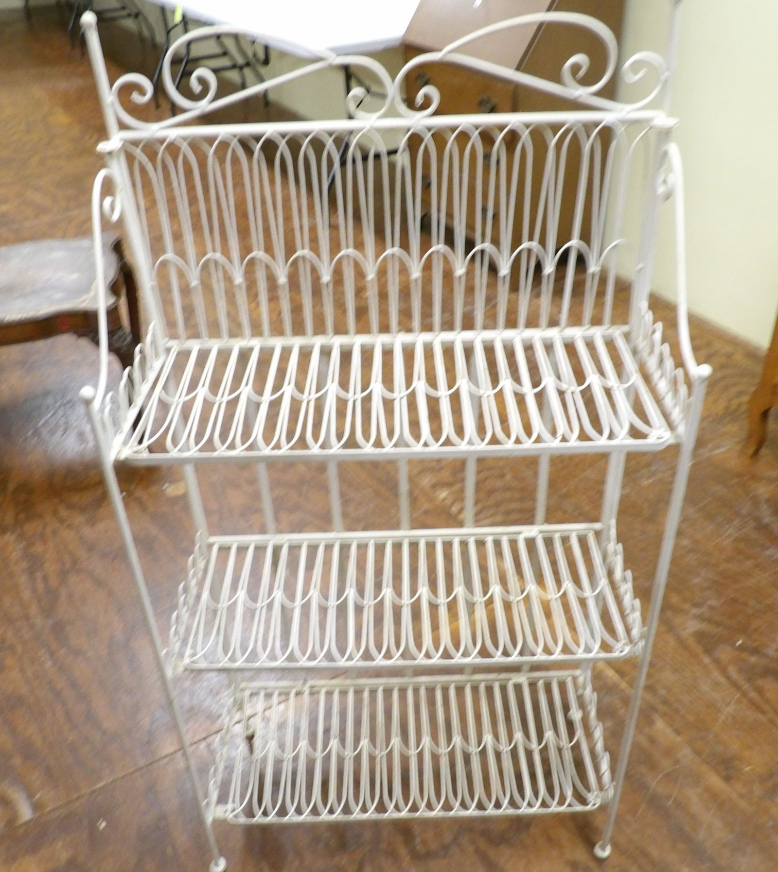 Wrought Iron Baker's Rack: White Wrought Iron 3-Tier Baker's Rack. 24" Wide X 46" Tall. All measurements approximate. Please see photos for condition and details. Selling as is from 04281.