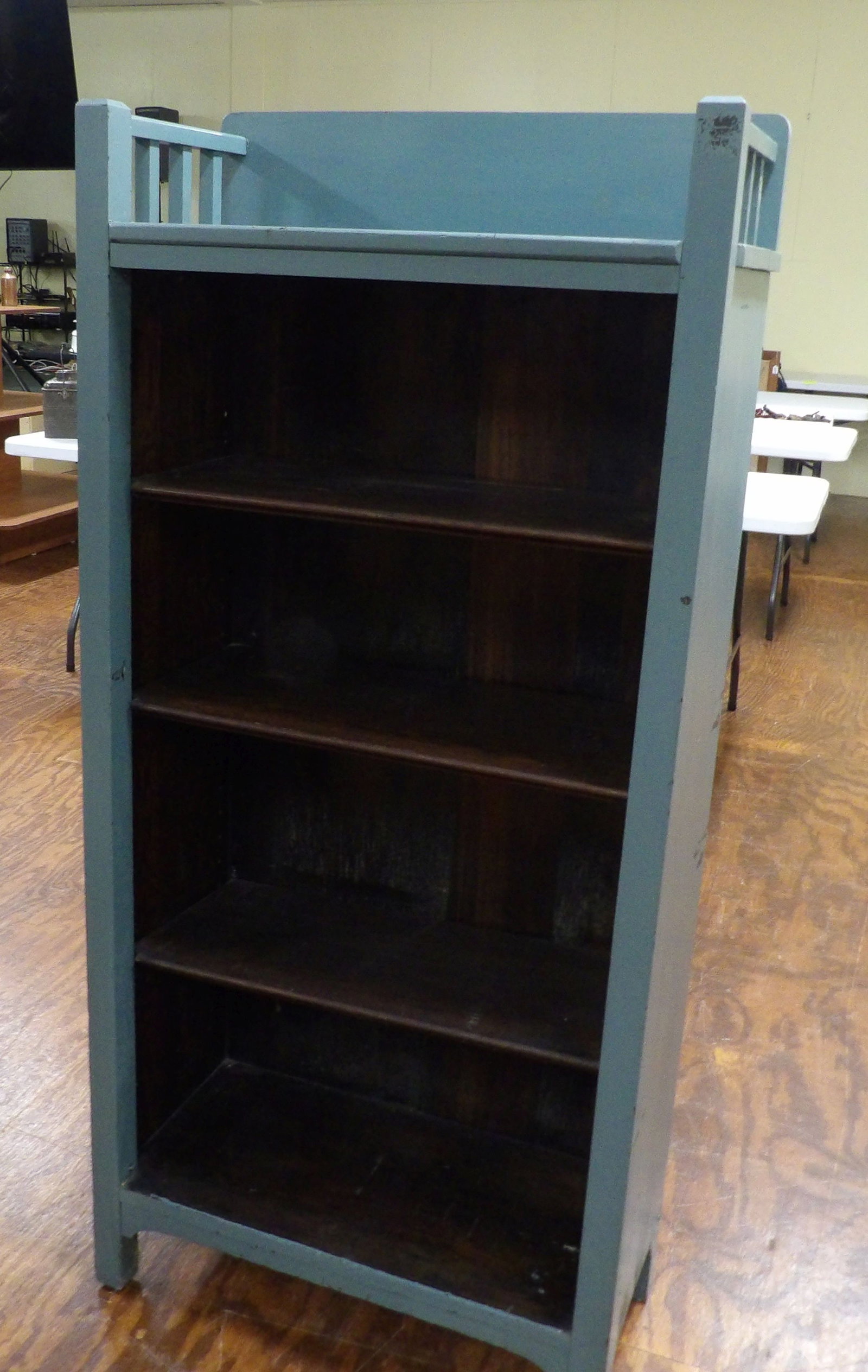 Vintage Blue Wooden Open Bookcase: Vintage Blue Painted Wooden Open Bookcase with 4 Shelves. 27" Wide X 59" Tall. All measurements approximate. Please see photos for condition and details. Selling as is from 04281.